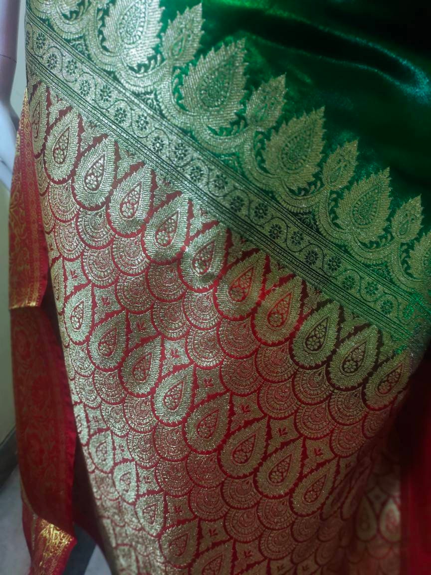 Dark green and Dark red satin silk saree with banarasi border and red unstiched blouse and green cotton peticoat Bollywood modern festivals