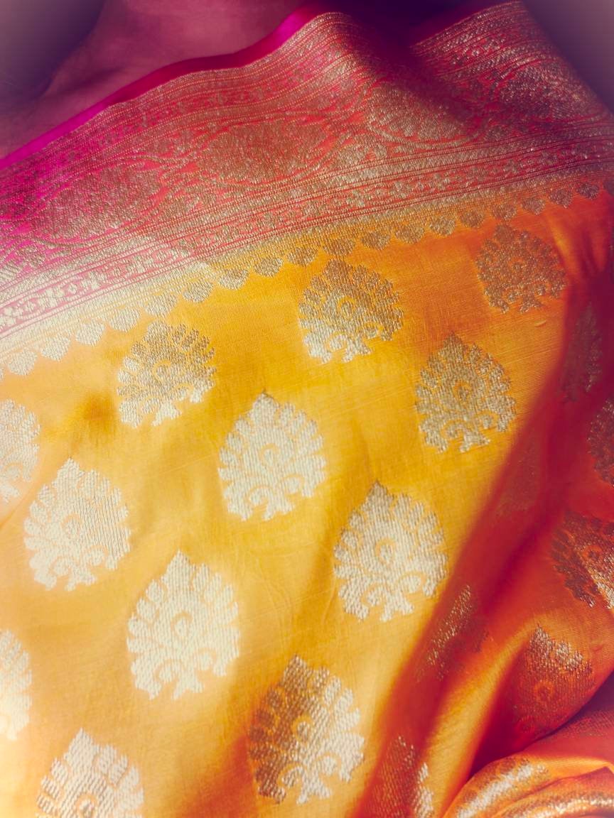 Orange Red Banarasi Silk Saree With Unstitched ( customised ) Silk Blouse Heavy Zari Work Perfect For Wedding Haldi Wear Gift for her