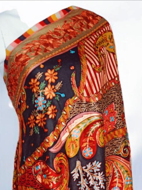 100% Pure Cashmere Pure Pashmina Heavily Embroidered Using Silk Thread Golden Zardozi Work Hand Woven Hand Work Tie Dye Pattern Black Shawl