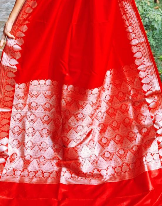 Red Satin Banarasi Saree With Unstitched Red Satin Blouse Silver Zari Work Banarasi Saree Red Saree Bollywood Gift For Her Indian Saree