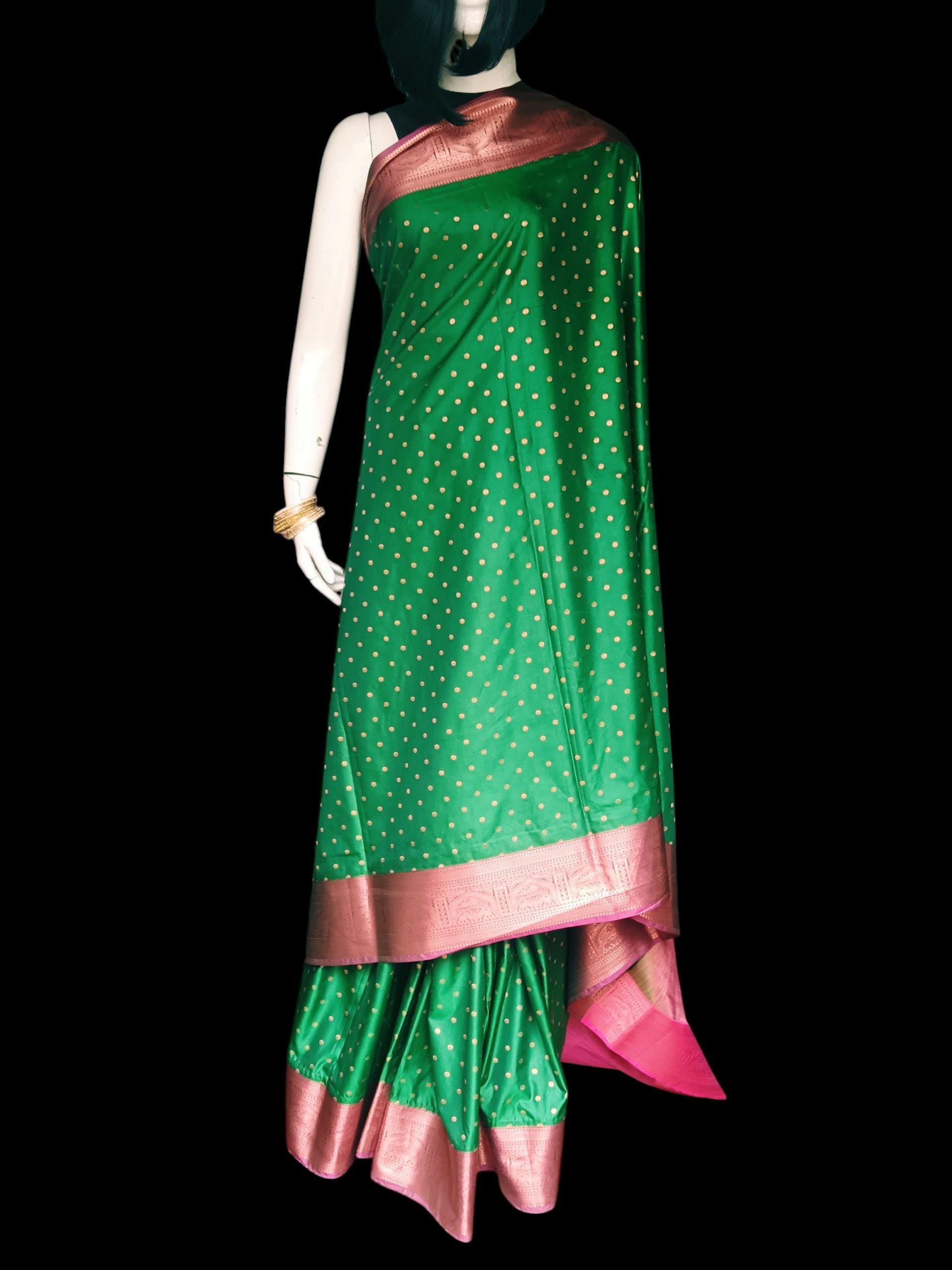 Pure Green Pink Mysore Silk Saree Zari border Unstitched Plain Pink Silk Blouse Piece Perfect for Wedding Festive Gift for her Indian