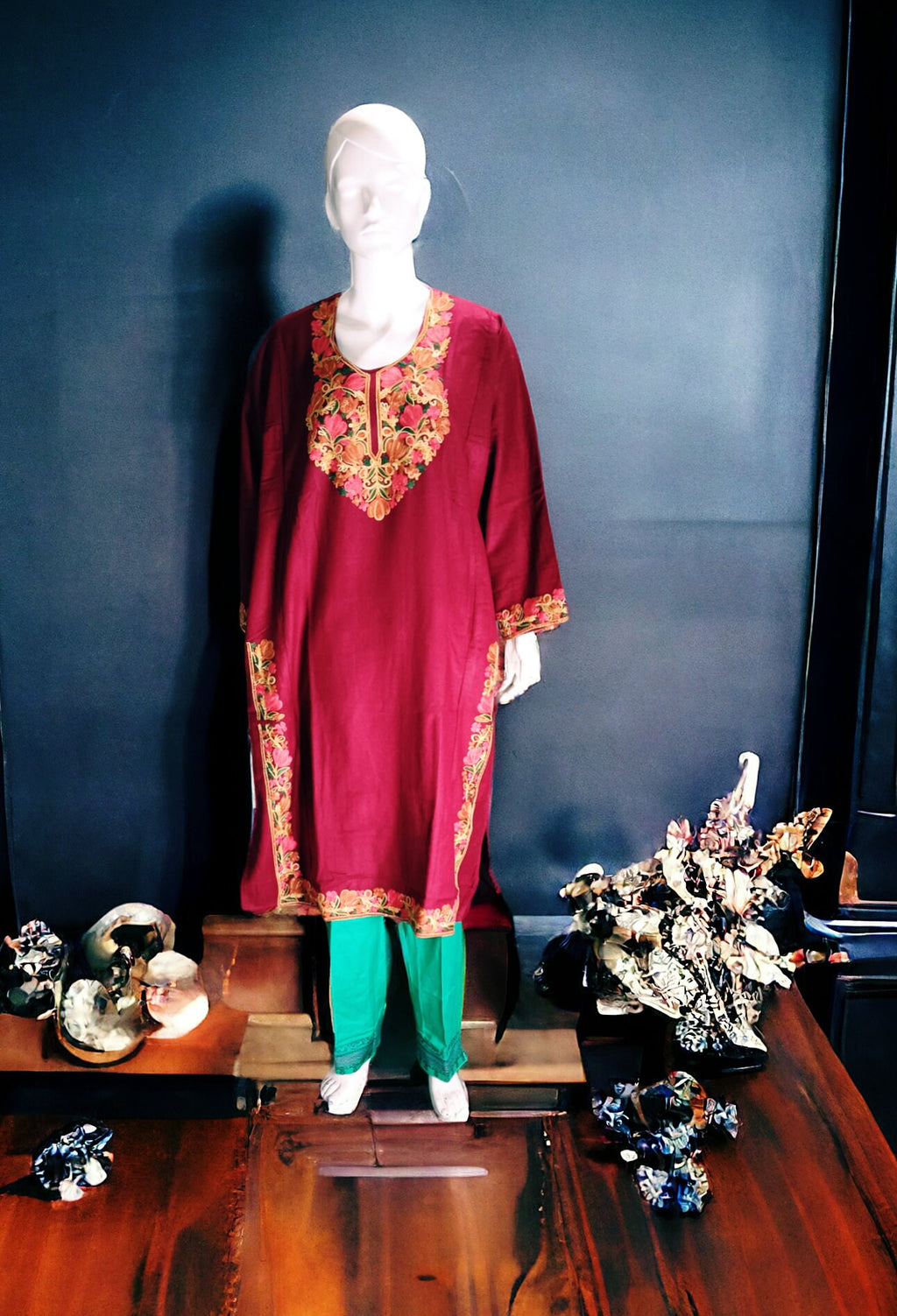 Set Of 3 Red Floral Embroidered 100% Pure Kashmiri Woollen Kurta Green Woollen Pant Black Kashmiri Hand Woven Shawl Embroidered Winter