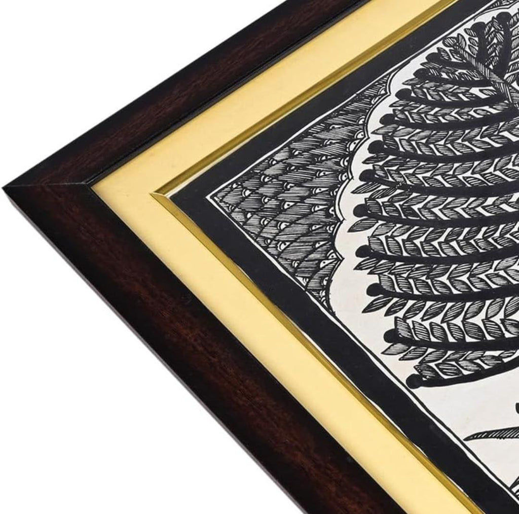 Mithila Madhubani Handpainted Black And White Wall Painting Wall Decor Featuring Nature Design Beige Brown Wooden Frame Canvas Paintaing