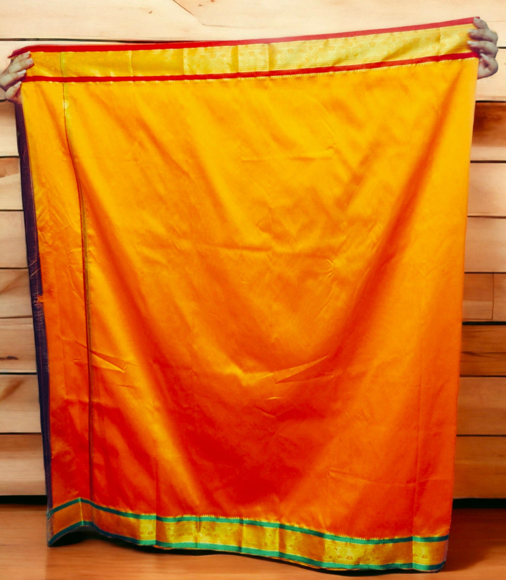 Orange Silk Red Green Golden Zari Border Dhoti Towel Set For Men 3.5 metres length of dhoti 2 meters length of towel South Indian Tamil