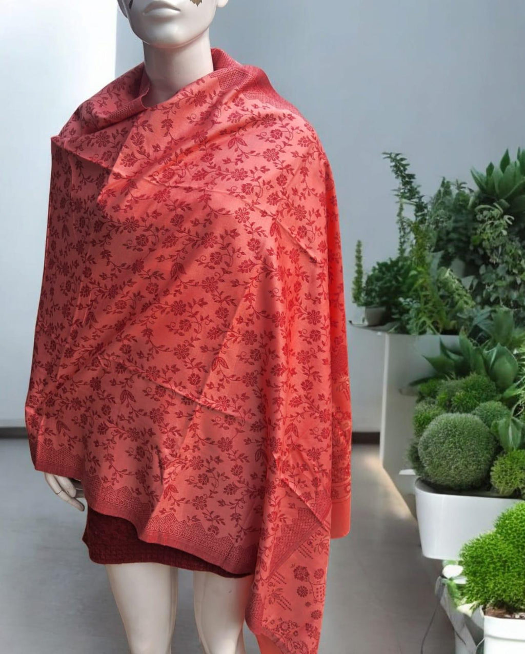 Peach Red Woollen Cashmere Blend Handcrafted Scarf/Shawl Floral Design Lightweight Warm Gift for her Embroidery All Over Indian Shawl/Scarf
