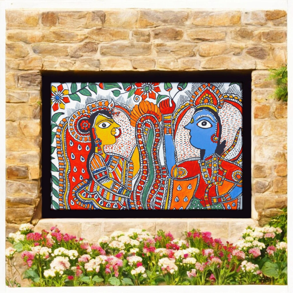 Mithila Madhubani Handpainted Wall Painting Wall Decor Featuring Ram Darbar Design With Brown Wooden Frame Canvas Painting Beautiful Paint