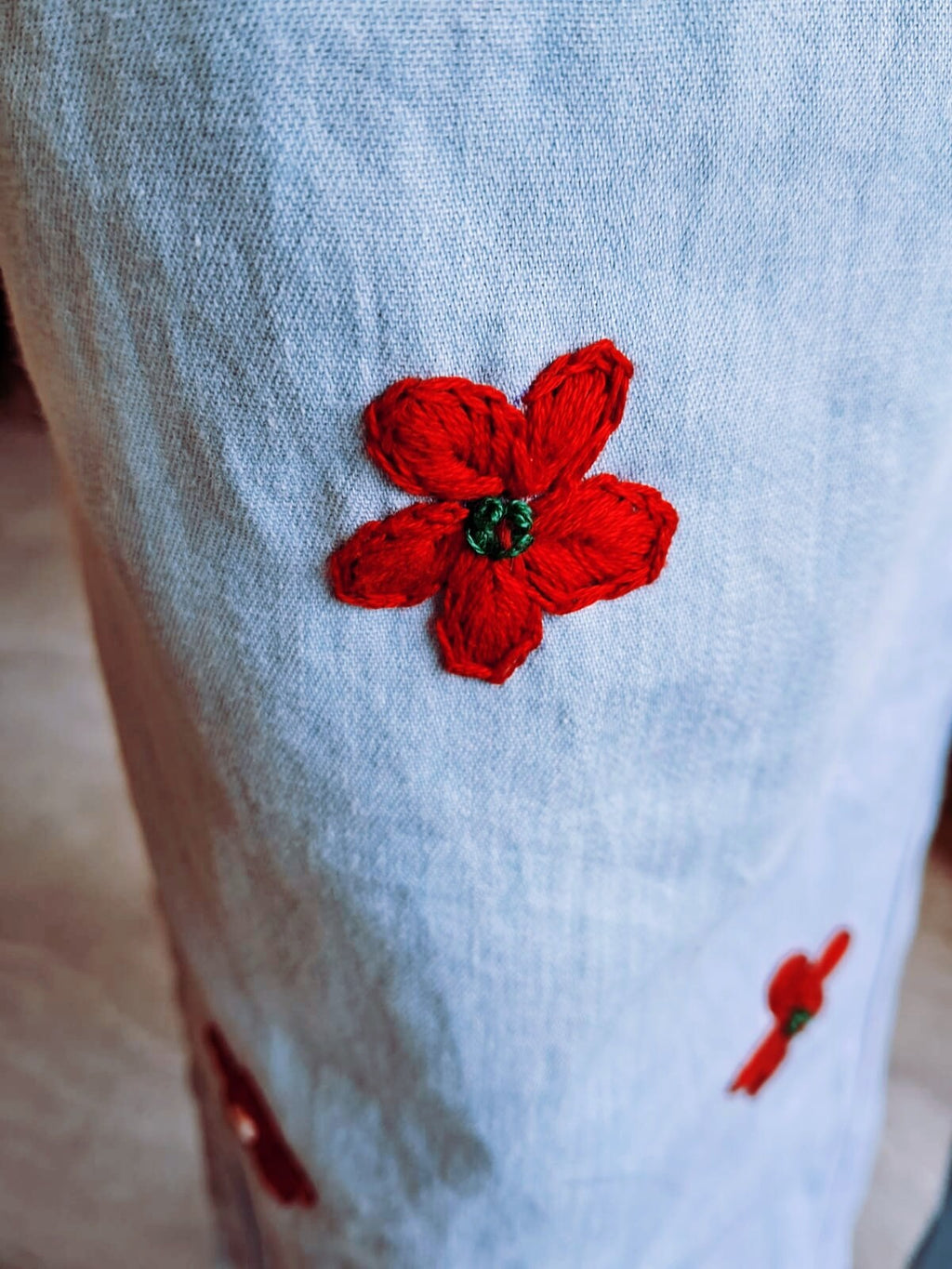 100 % Cotton Floral Handmade Modest Light Blue Jeans Jogger Comfy Bottom Embroidered Red Floral Pant Flower Design Colourful Elastic Stretch