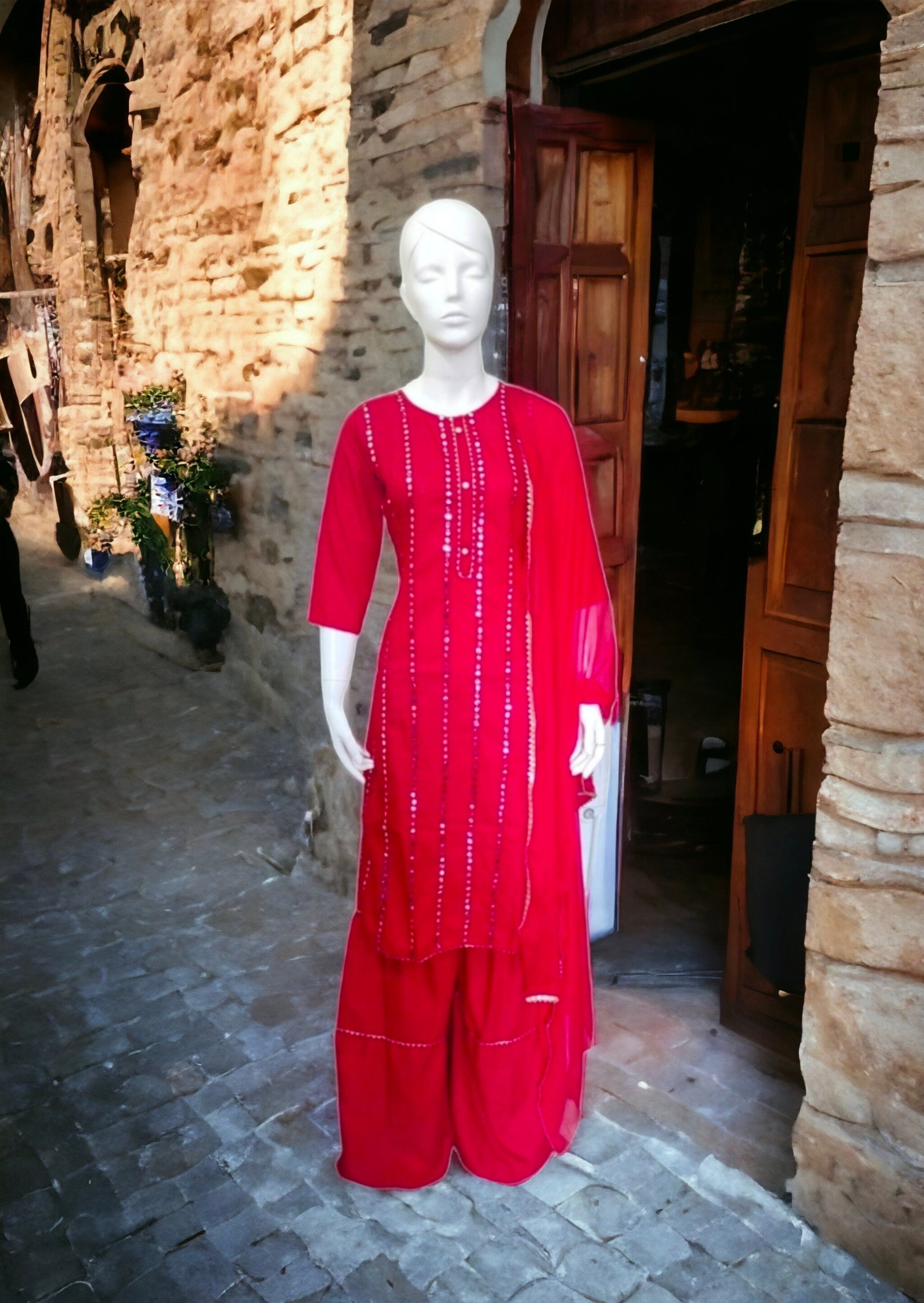 Red Cotton Rayon Mirror work Salwar Kameez Sharara Suit lace work Chiffon Dupatta Bollywood Festival Durga Puja Ethnic Pakistani  Bohemian