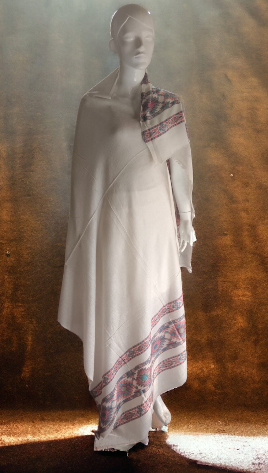 Beige White Embroidered 100% Cashmere Pashmina Shawl/Scarf Luxurious Hand woven Lightweight Soft Touch Shawl Scarf Vintage travel Blanket