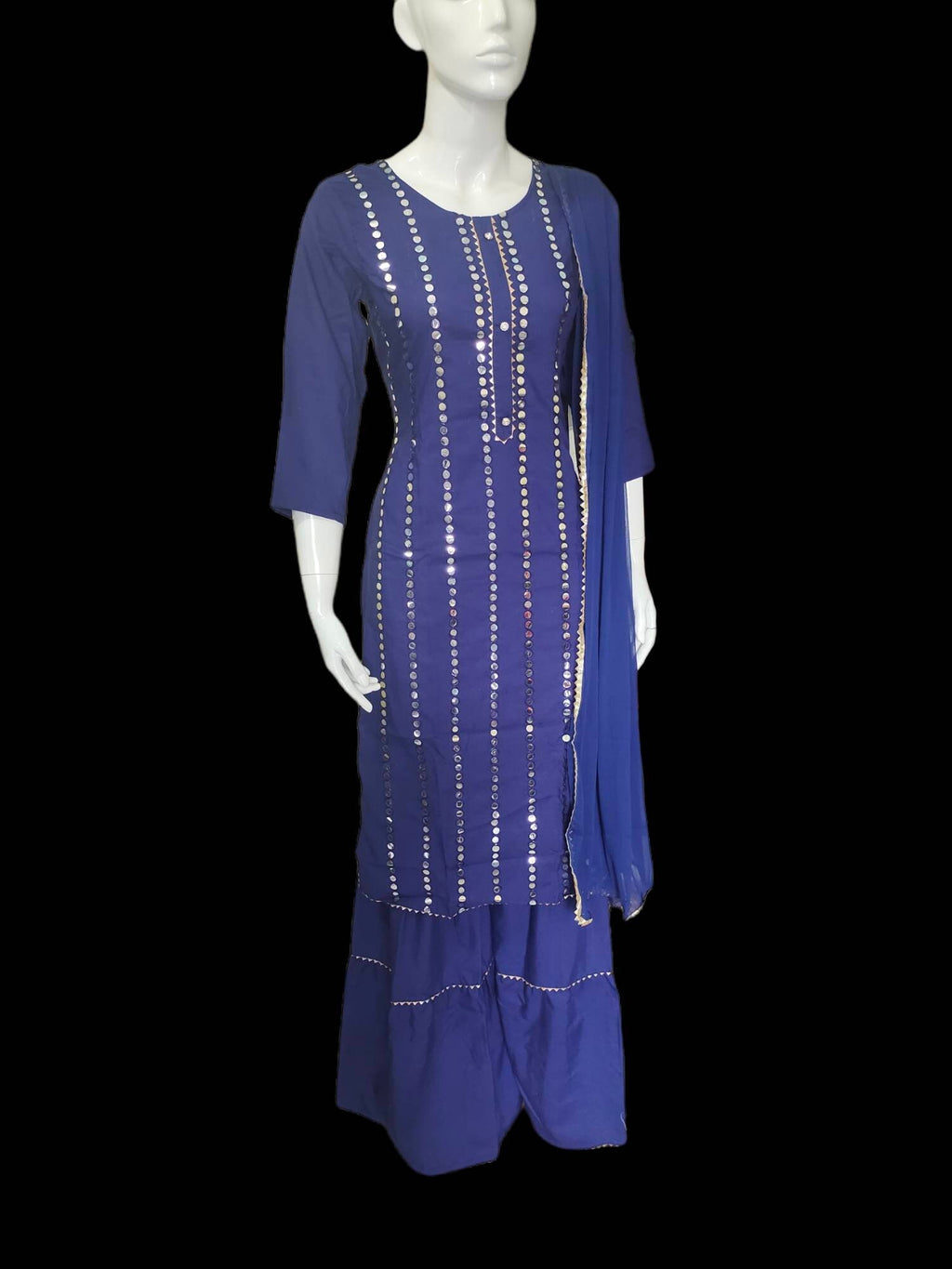 Blue/Navy Blue Cotton Rayon Mirror Work Salwar Kameez Sharara Suit Chiffon Dupatta Bollywood Pakistani Bohemian Wedding Festive Diwali Puja