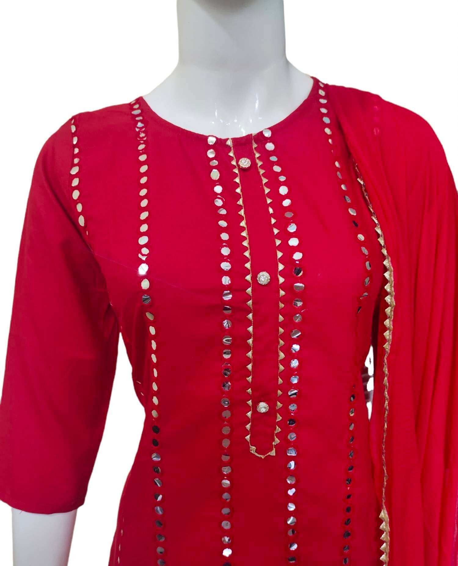 Red Cotton Rayon Mirror work Salwar Kameez Sharara Suit lace work Chiffon Dupatta Bollywood Festival Durga Puja Ethnic Pakistani  Bohemian