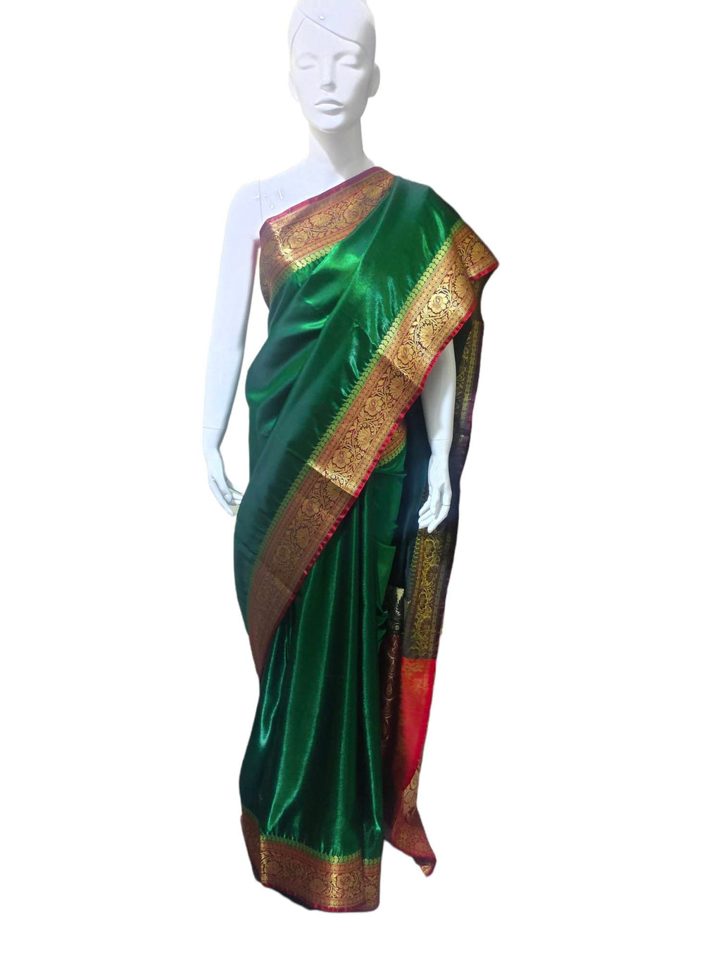 Dark green and Dark red satin silk saree with banarasi border and red unstiched blouse and green cotton peticoat Bollywood modern festivals