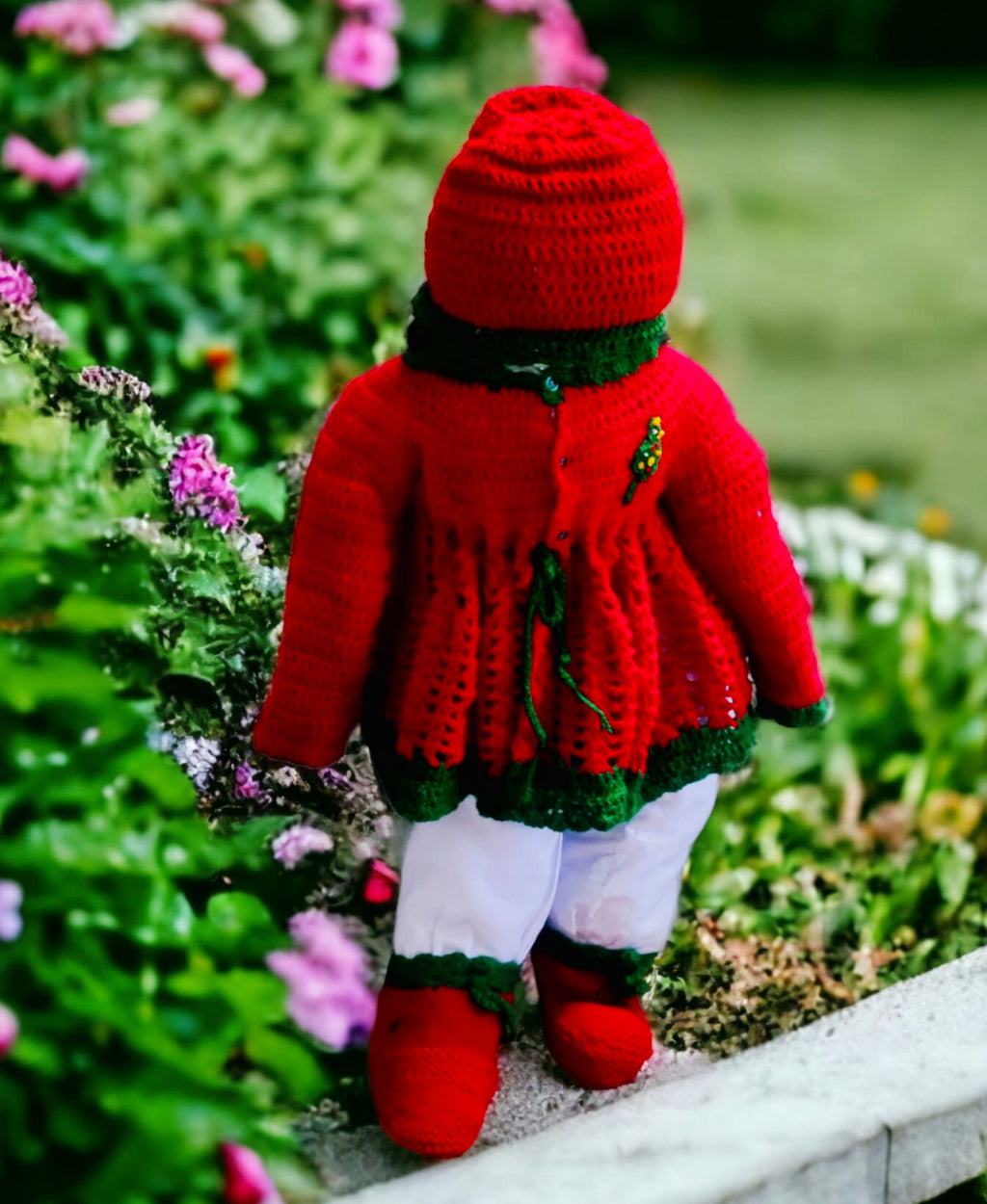 Handmade Woollen Red Green Crochet Dress For kids With Woollen Matching Beanie/Cap And Woollen Shoes Christmas Dress Christmas Party Winter