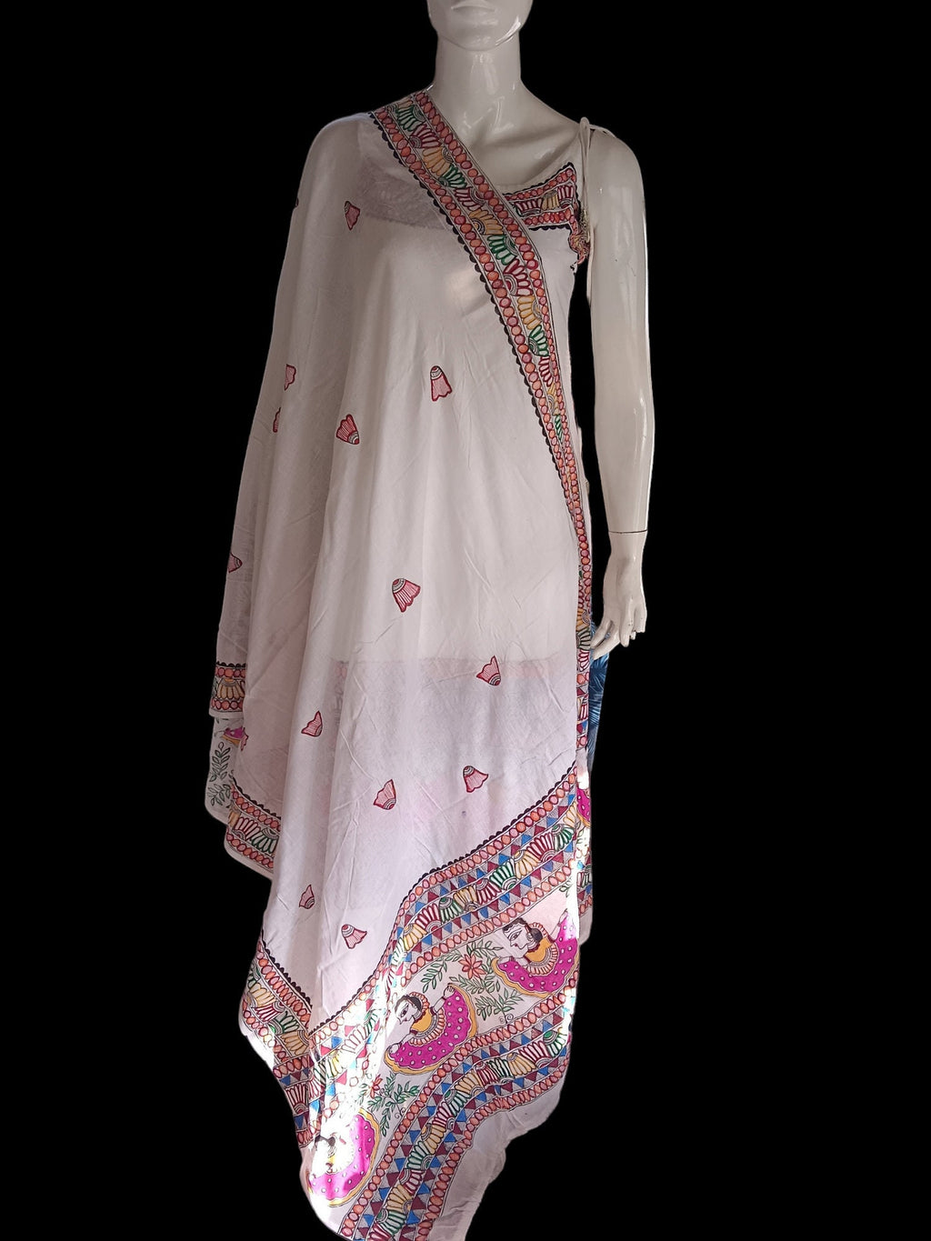 Set of 3 White Pure Cotton Multicolored Hand Painted Madhubani Paint kurta Pant Dupatta Featuring Floral Doll Design Pattern Wedding Indian