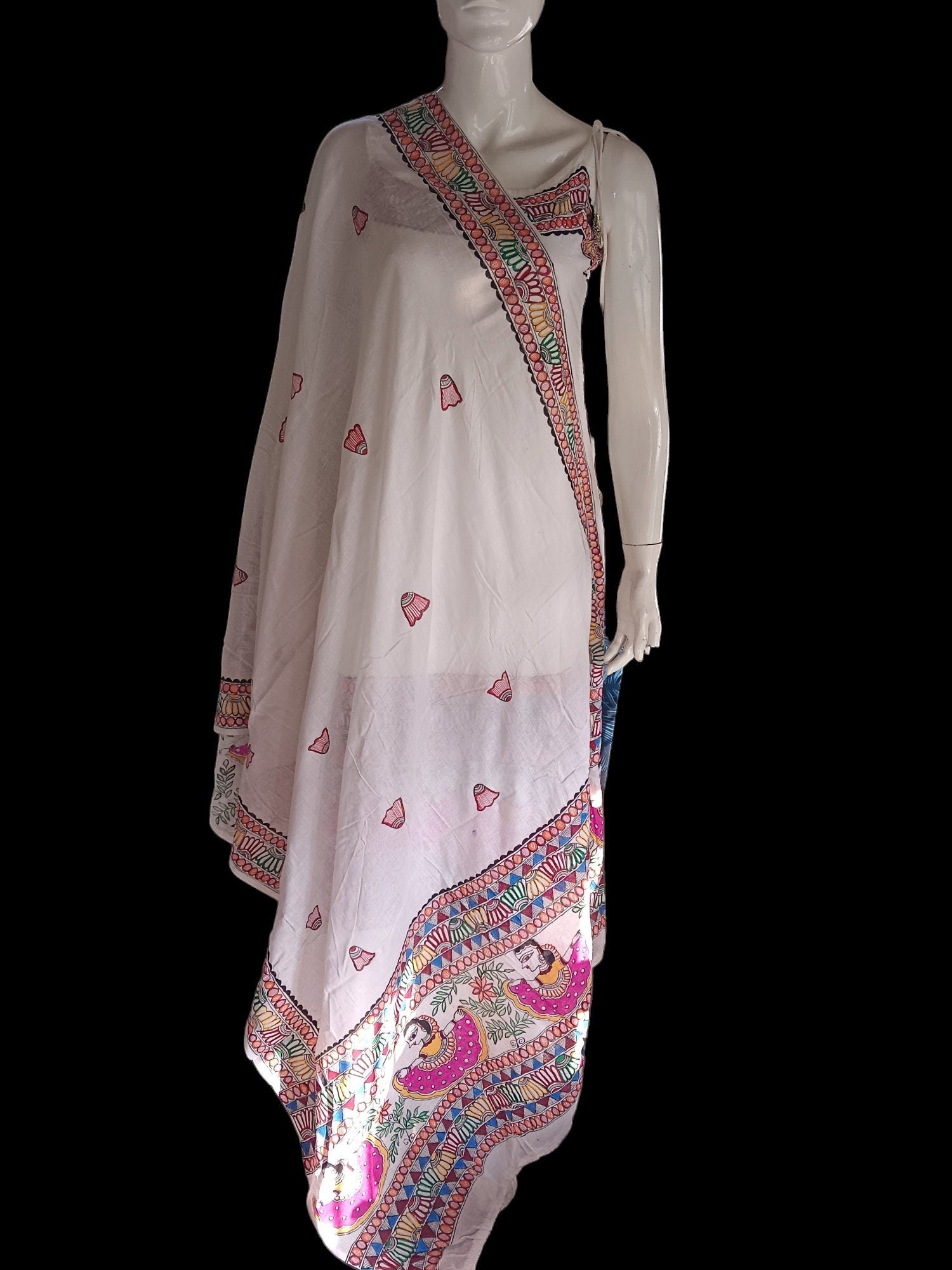 Set of 3 White Pure Cotton Multicolored Hand Painted Madhubani Paint kurta Pant Dupatta Featuring Floral Doll Design Pattern Wedding Indian