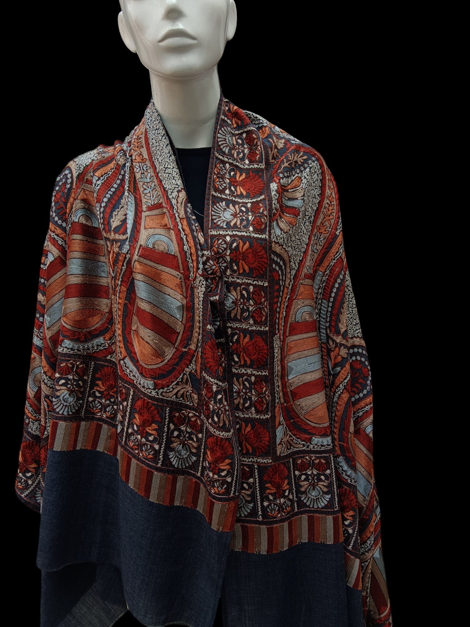 Black Red Heavily Embroidered Floral Design 100% Cashmere Pashmina Shawl/Scarf/Dupatta Hand Woven Pure Silk Thread Work Wedding Anniversary