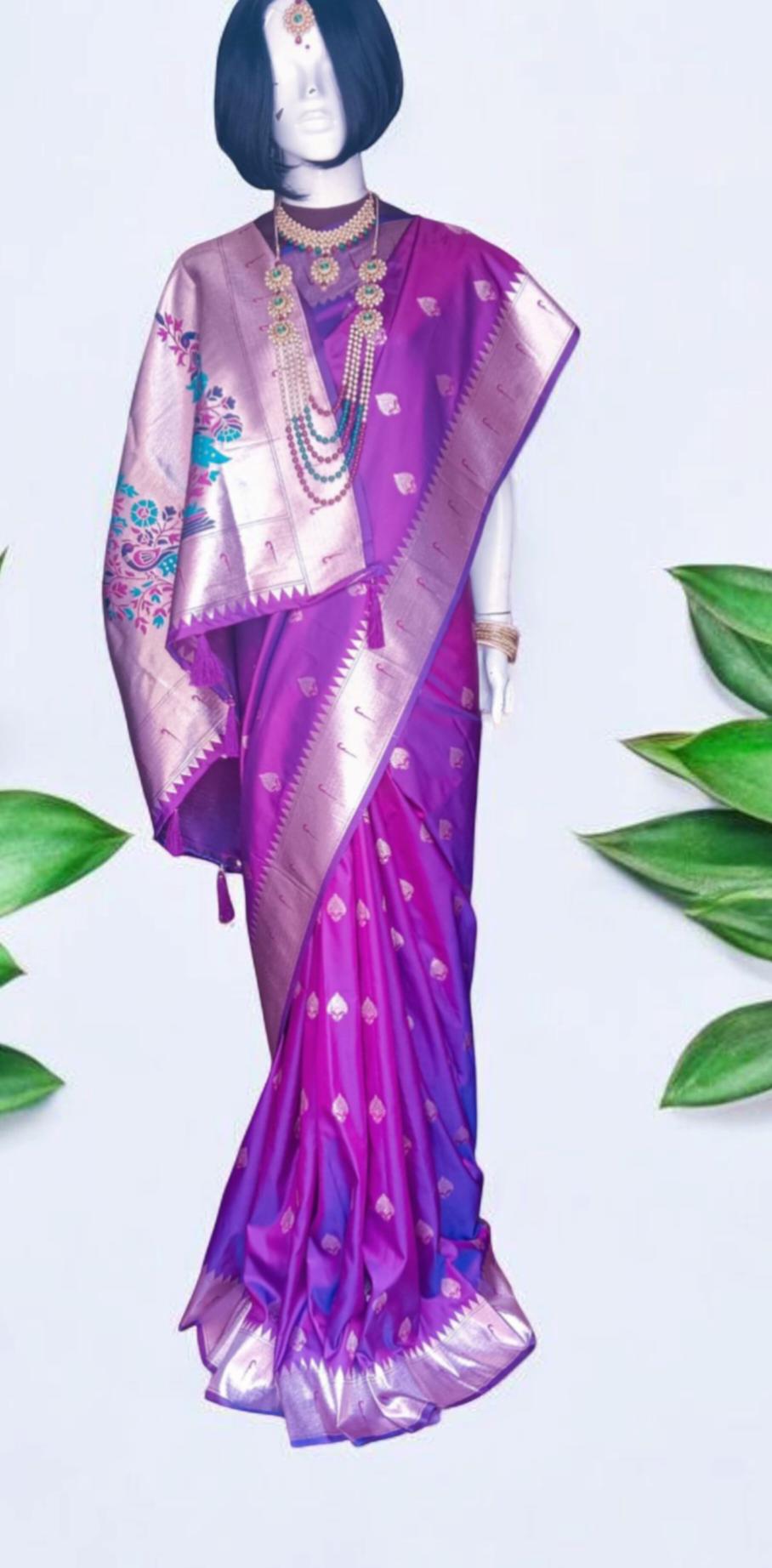 Violet banarasi silk saree with zari work Embroidered Nature inspired pattern with violet unstitched blouse Bollywood Indian Ethnic Festive