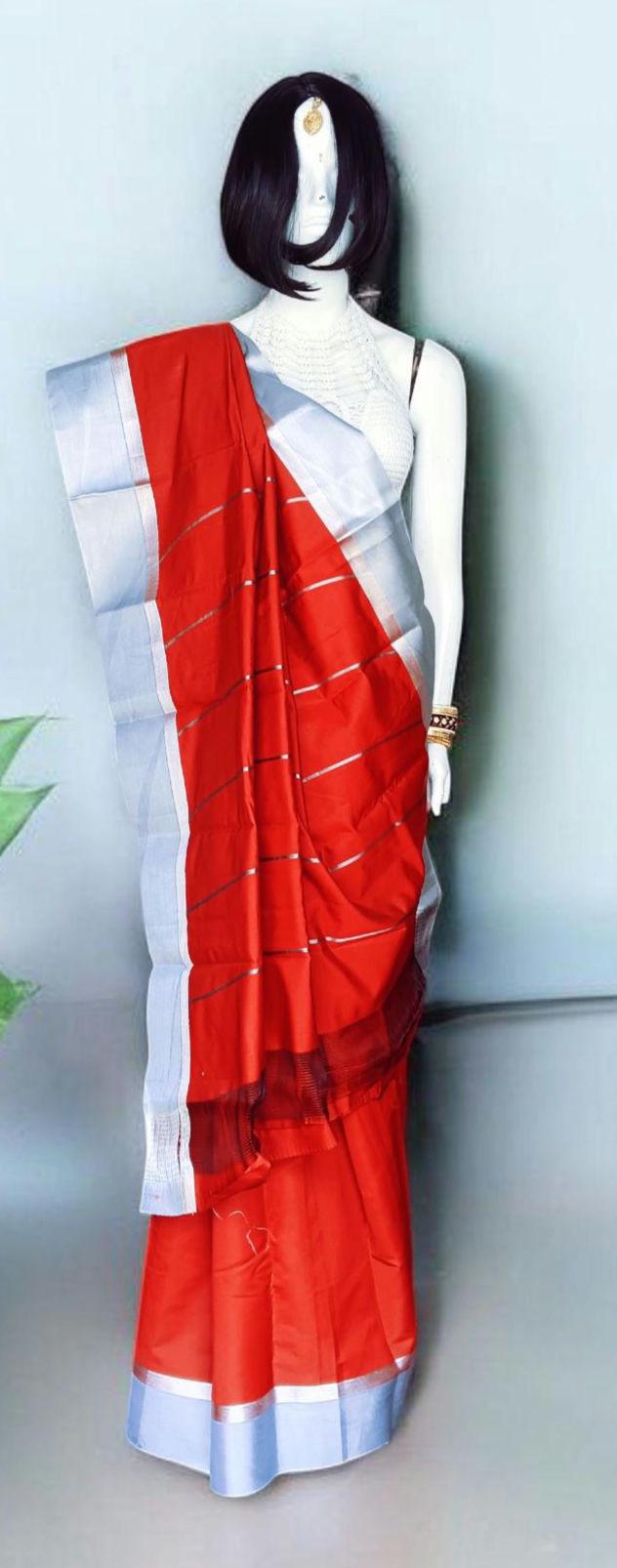 Red Silk Silver Zari Border Saree Unstitched Silver Silk Blouse Bollywood Daily Wear Party Wear Bengali Bohemian Vintage Sleek Relaxed Glam