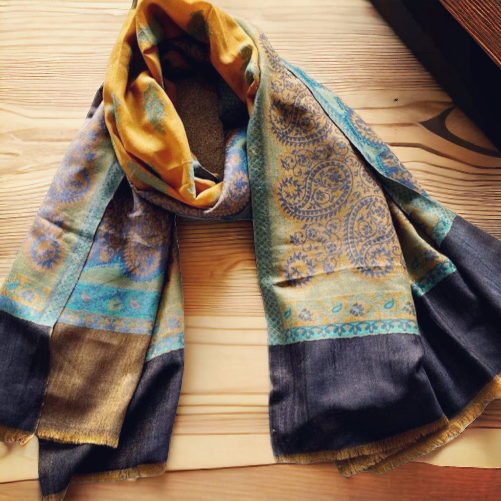 Mustard Yellow Blue Embroidered 100% Cashmere Pashmina Luxurious Hand Woven Shawl Pure Pashmina Lightweight Luxurious Shawl Soft Scraf