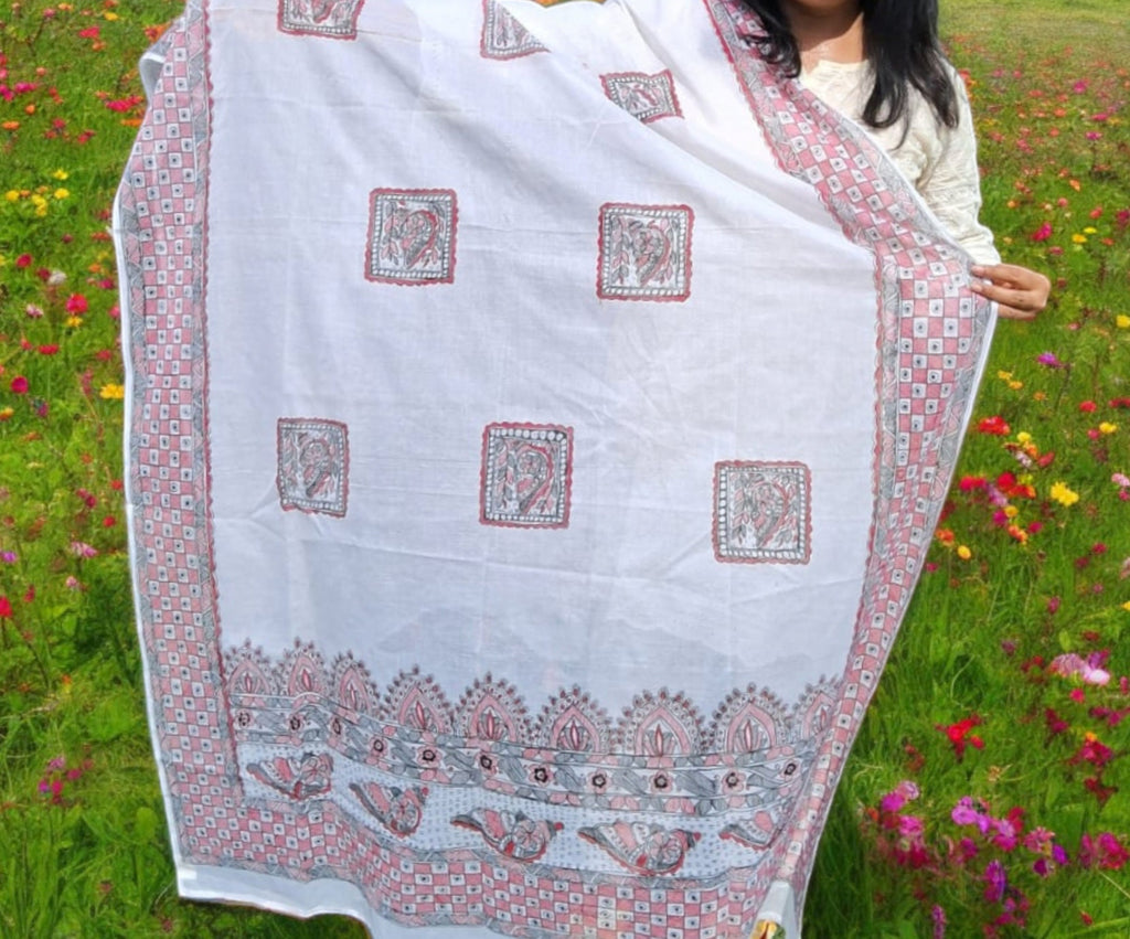 Cotton Hand-painted White Women's Dupatta Madhubani Mithala Painted Featuring Shankh Design Black Red Bordered Geometric Applique Desi India