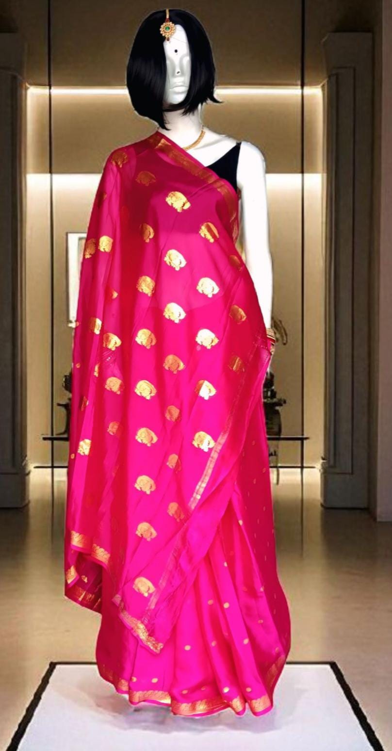 Majenta Pink Golden 100% Pure Crepe Silk With Majenta Crepe Silk Unstitched Blouse  Golden Embroidered Border Lightweight Bollywood Soft