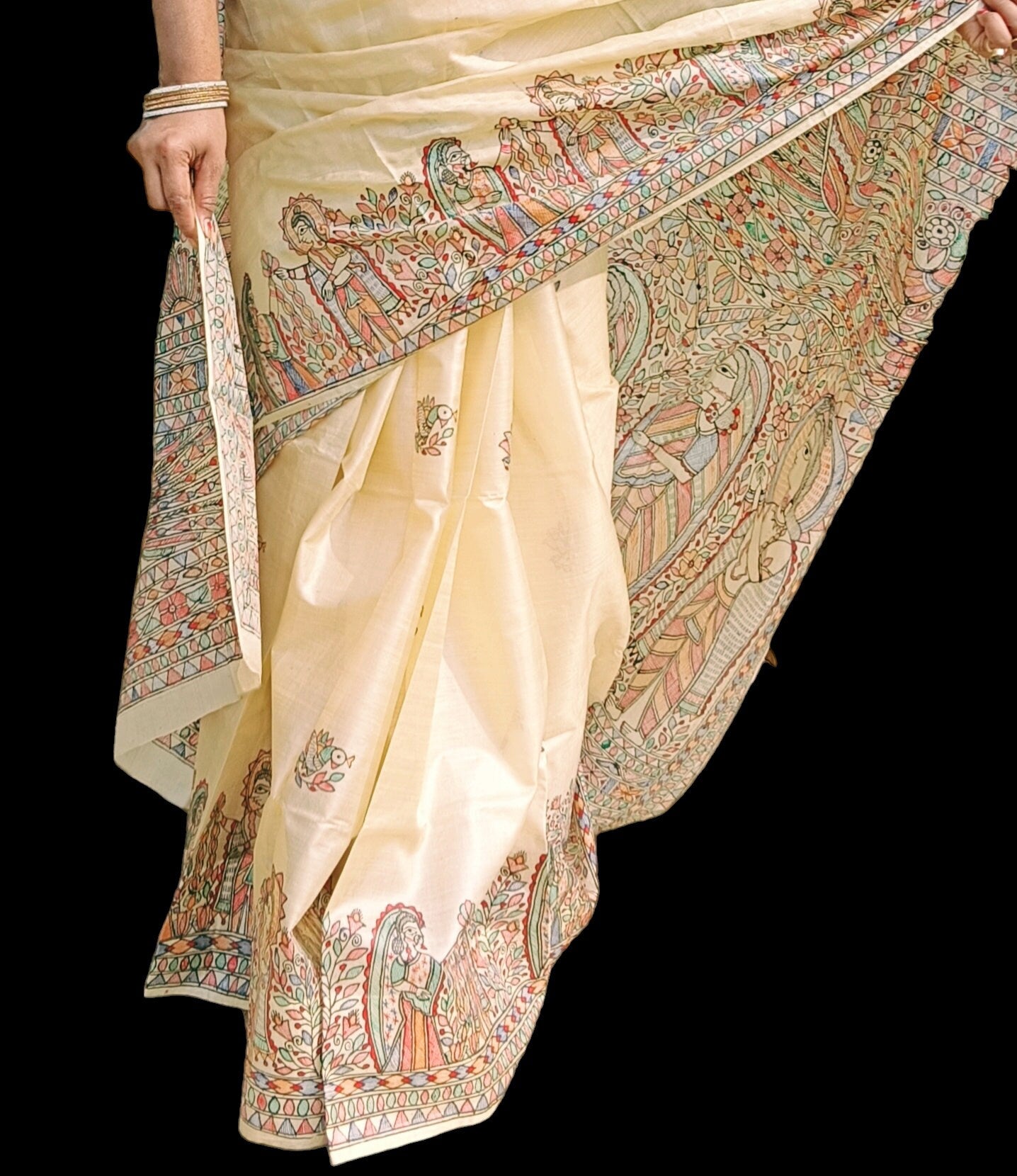 Pure Silk Hand-painted Multicolored Madhubani Painting Saree Featuring Iconic Shree Ram Sita Swayamvar Marriage Peacock Design Wedding Party