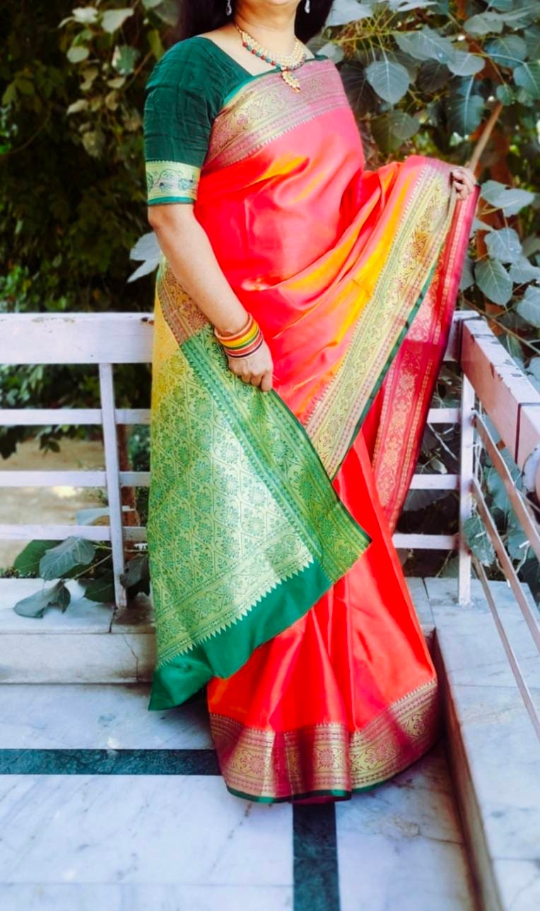 Orange Pink Green Silk Satin Saree Unstitched Green Blouse Zari Border Bollywood Banarasi Wedding Vintage Indian Ethnic Daily Wear Party