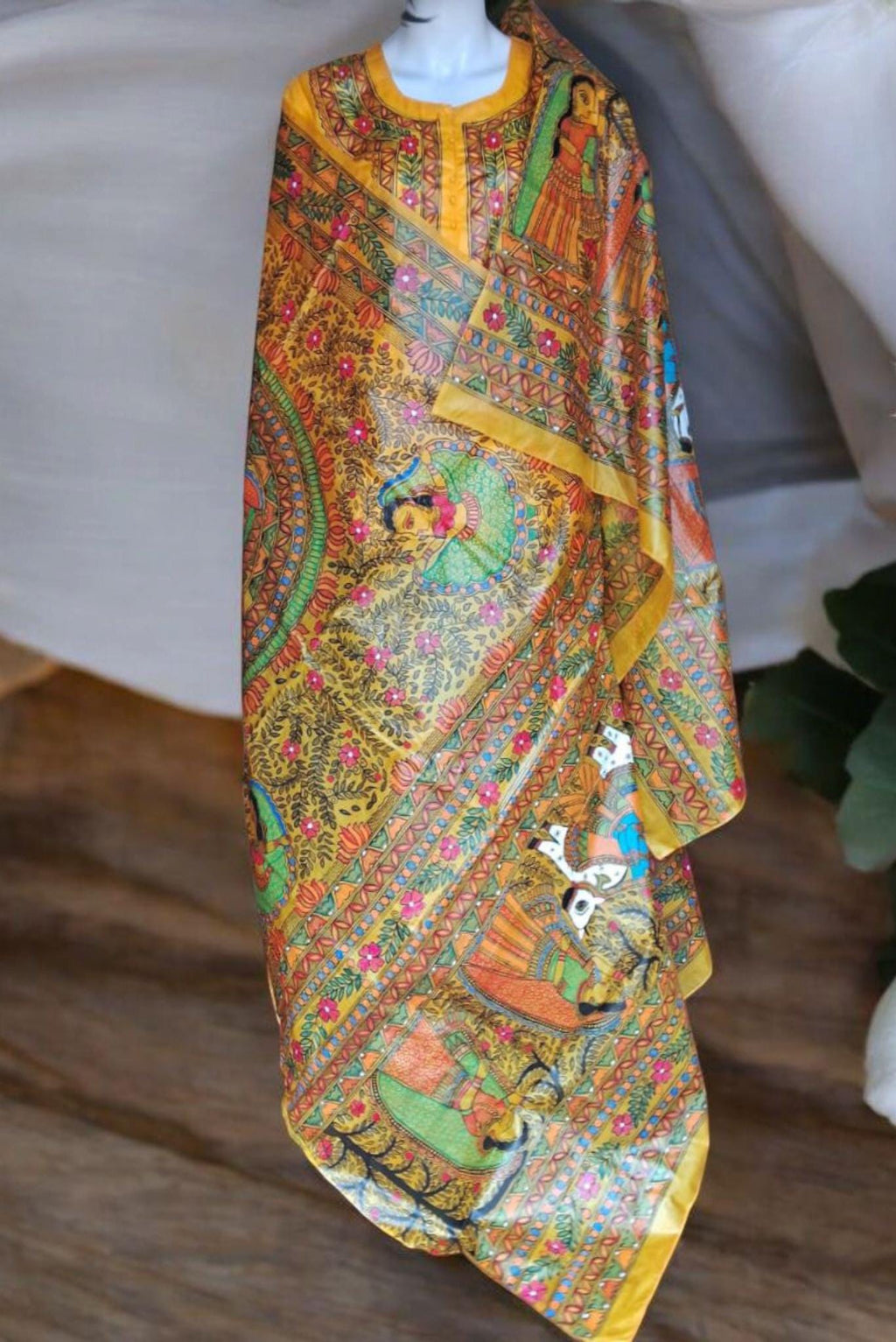 Yellow 100% Silk Hand-painted Madhubani Art Dupatta Featuring Radha Krishna Ras With Animal Cow Nature Forest Floral Designs Gift for her