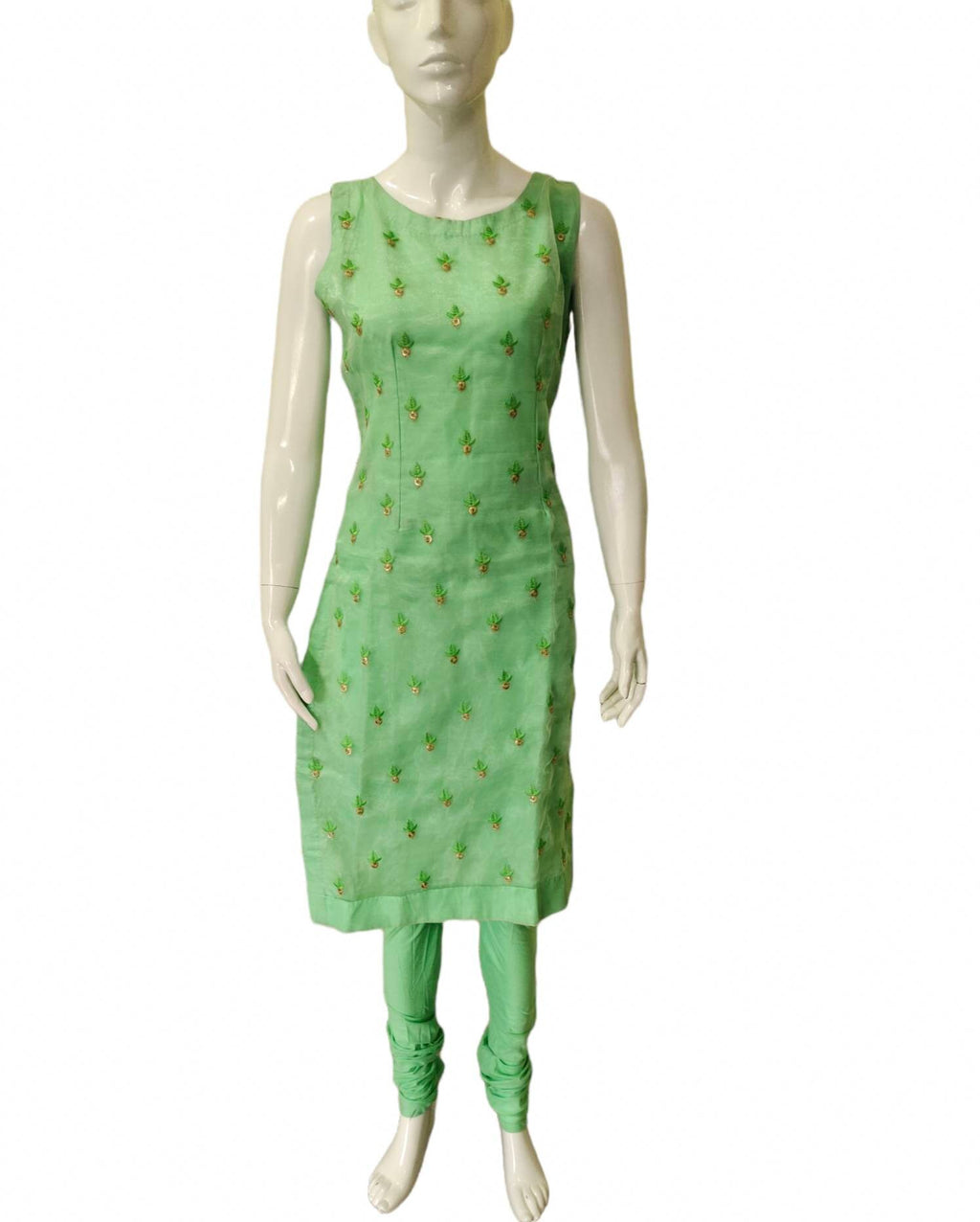 Light green salwar kameez suit organza thread work embroidered cotton Pajami churidar PURE chiffon dupatta festive ethnic puja Bollywood