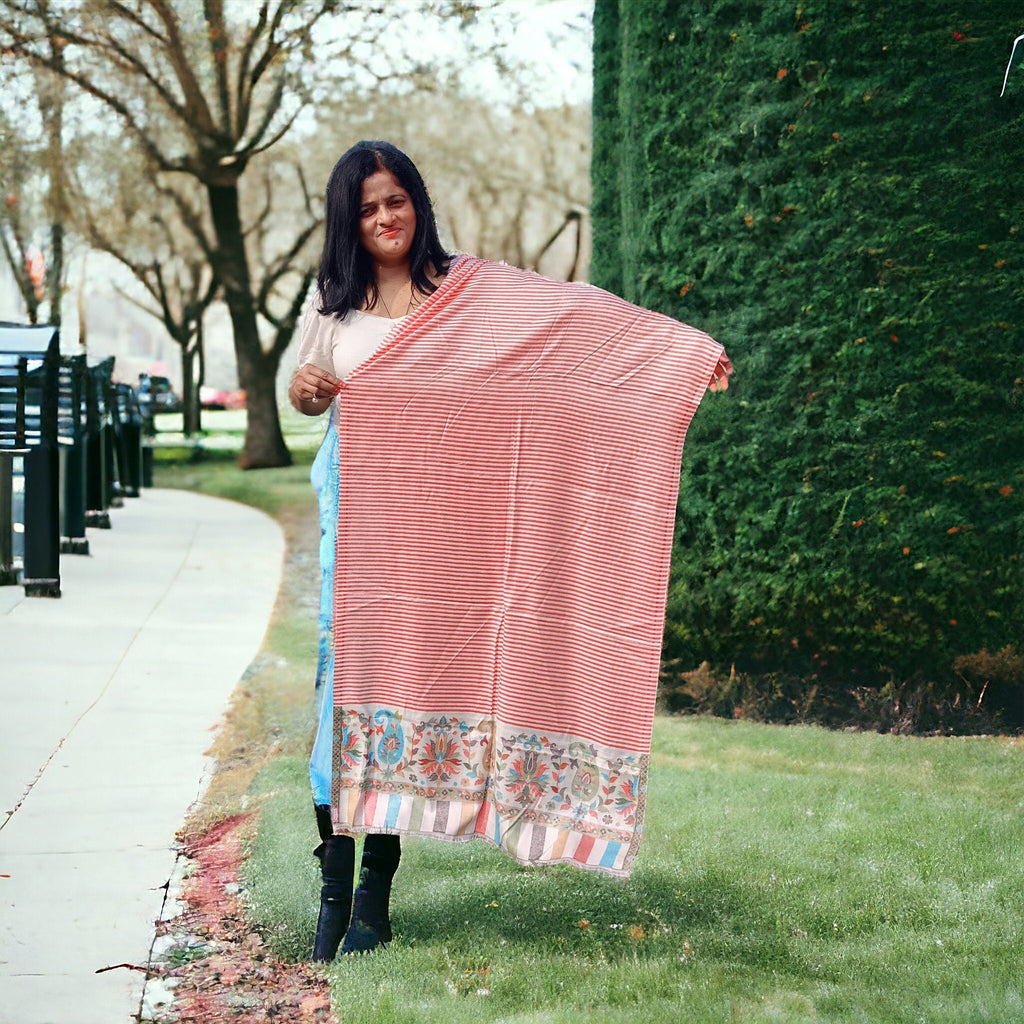 Pink Red White Stripe Embroidered 100 % cashmere Pashmina Luxurious Hand woven Shawl Scarf Soft Touch Lightweight Neck Warmer Designer Stole