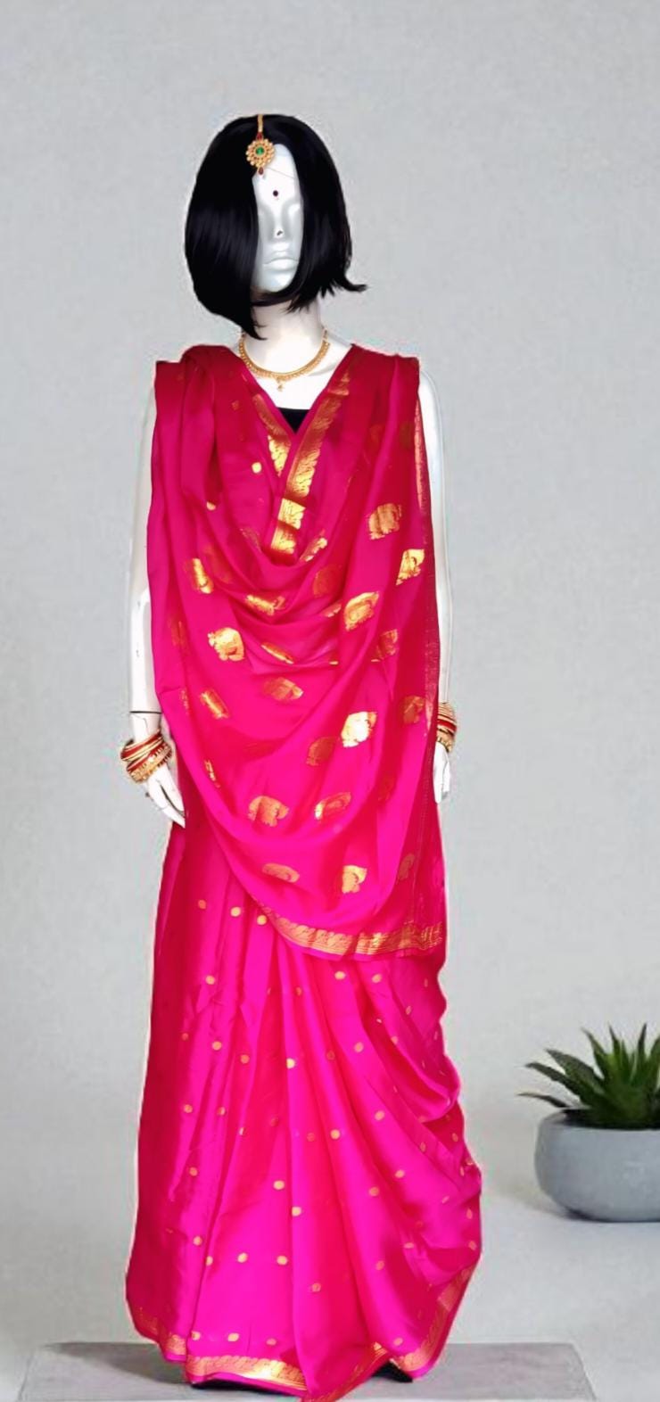 Majenta Pink Golden 100% Pure Crepe Silk With Majenta Crepe Silk Unstitched Blouse  Golden Embroidered Border Lightweight Bollywood Soft