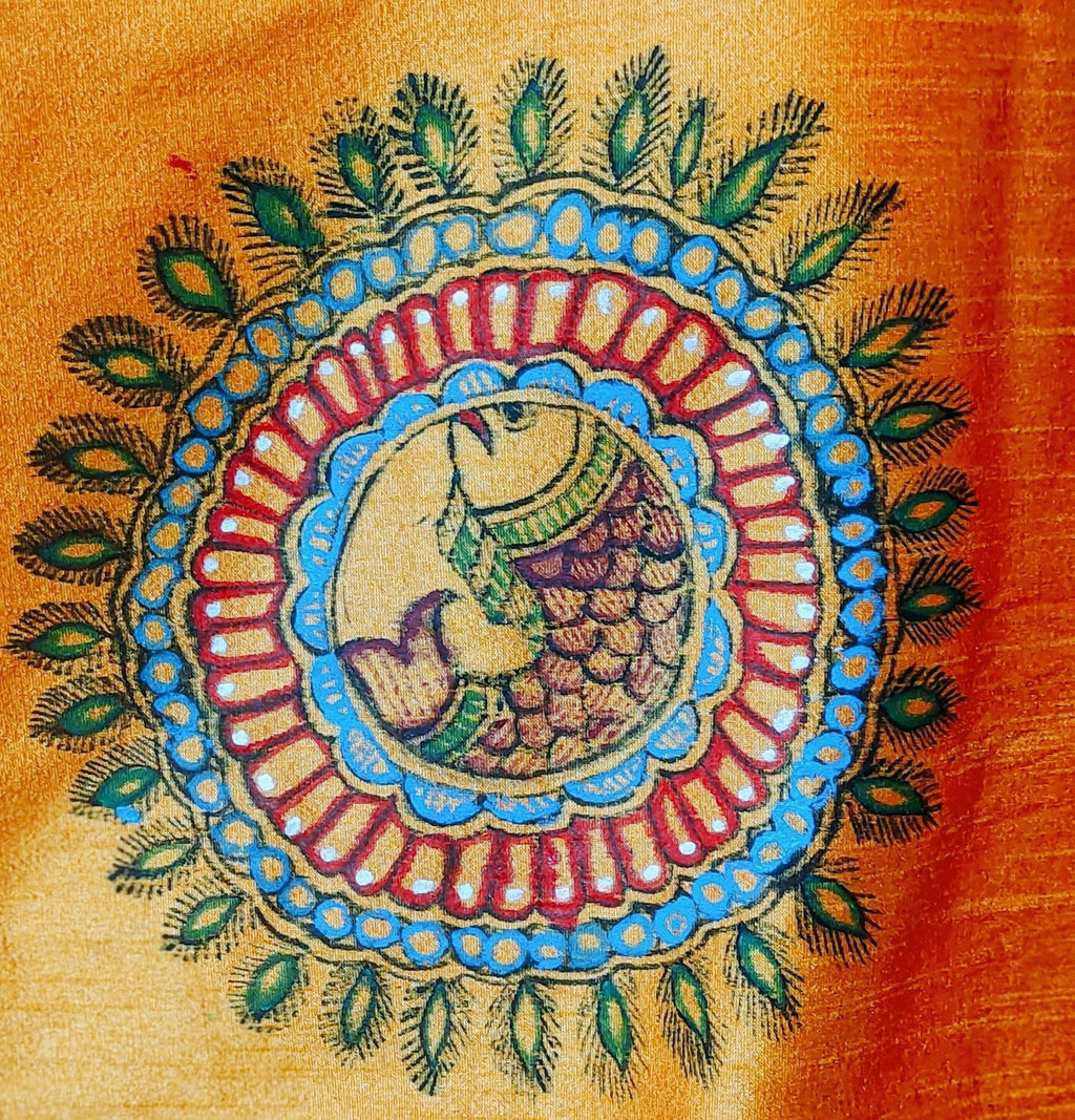 Orange Silk Handmade Madhubani Painted Traditional Dhoti Kurta For Men Bohemian Look Stitched Elastic Dhoti Stitched Kurta Wedding Wear