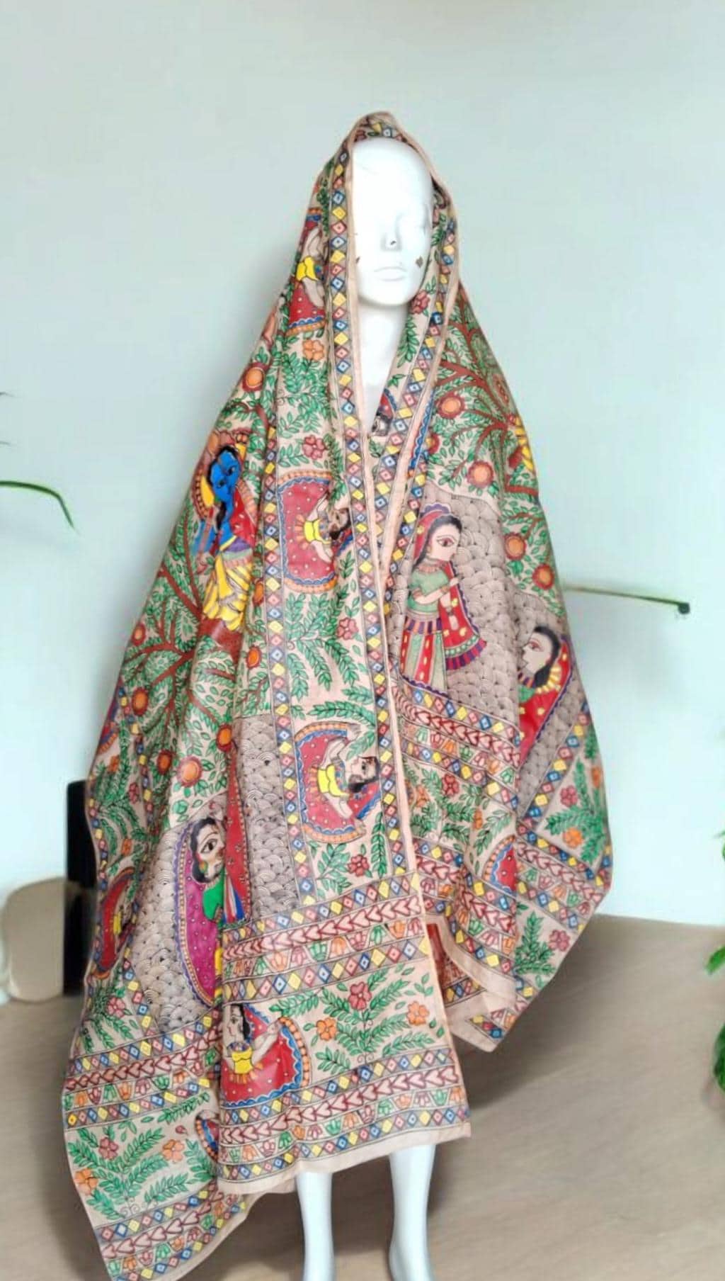 Beige Silk Hand-painted Madhubani Art Dupatta Featuring Peacock Krishna Radha Gopi Nature Forest Flowers River Floral Designs Gift for her