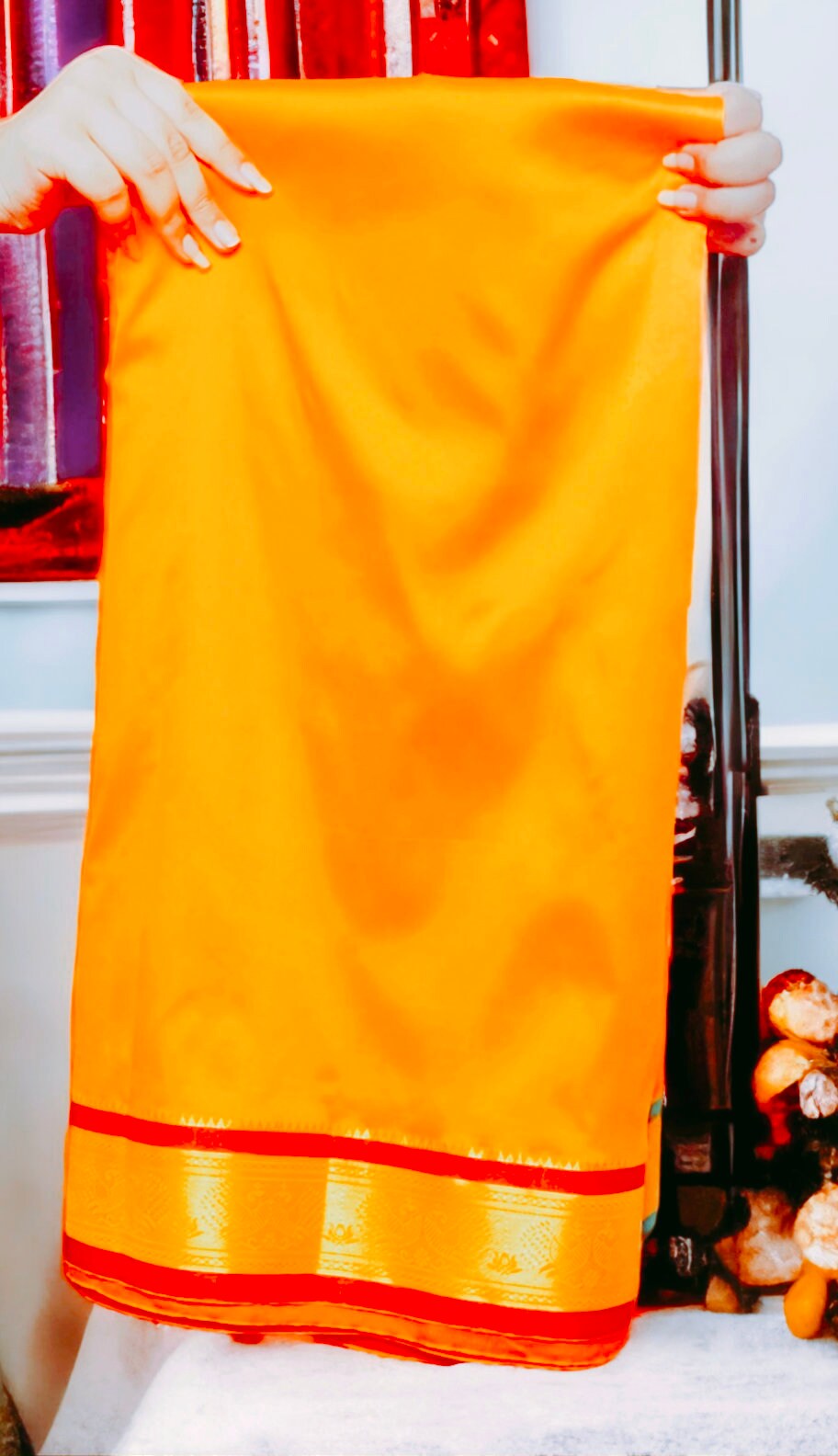 Orange Silk Red Green Golden Zari Border Dhoti Towel Set For Men 3.5 metres length of dhoti 2 meters length of towel South Indian Tamil