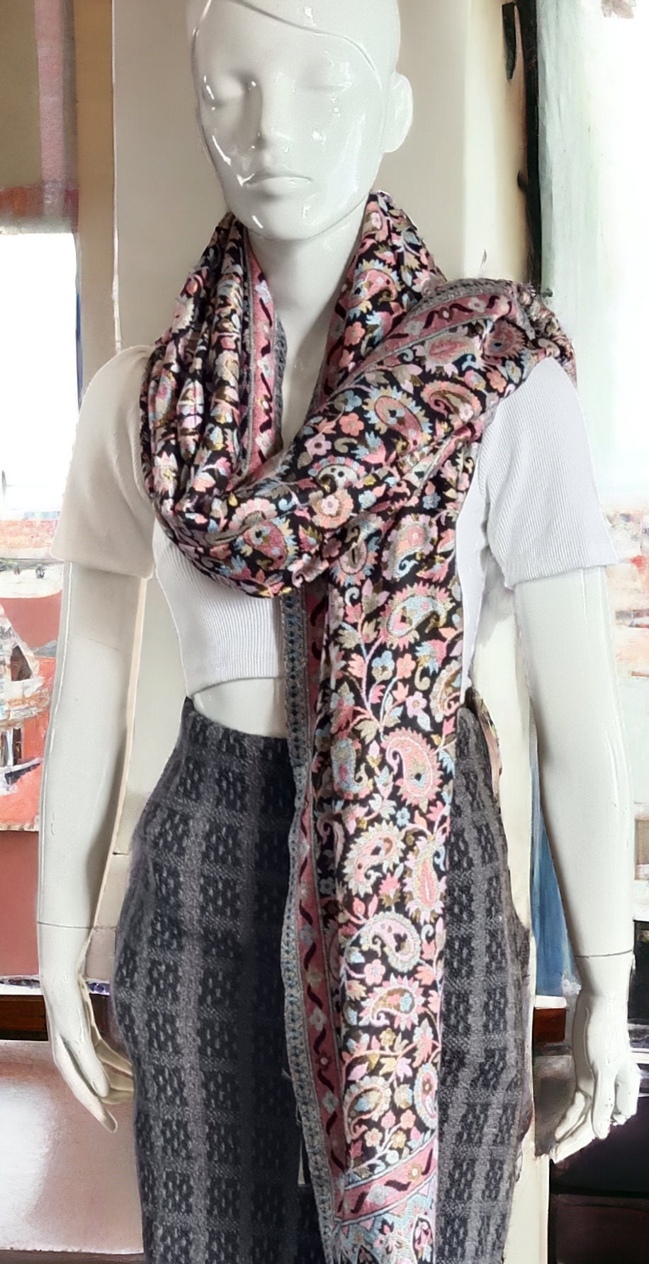 Black sliver Embroidered 100% Cashmere Pashmina Luxurious Hand woven shawl scarf travel blanket Soft Touch Lightweight shoulder Warmer