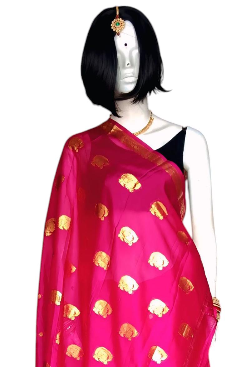 Majenta Pink Golden 100% Pure Crepe Silk With Majenta Crepe Silk Unstitched Blouse  Golden Embroidered Border Lightweight Bollywood Soft