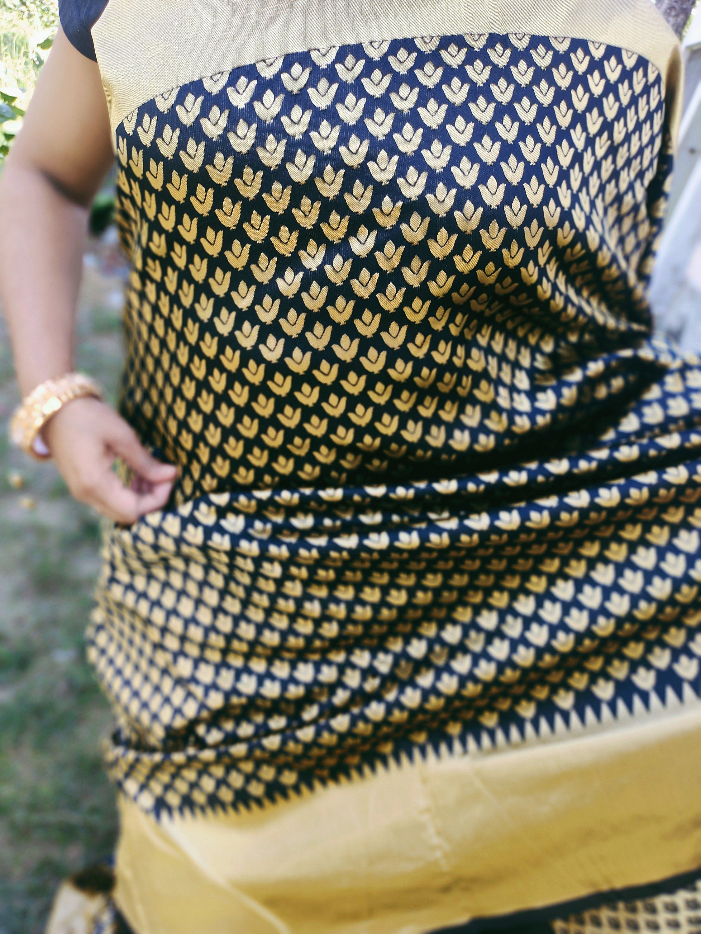 Black Golden Kanjeevaram Silk Saree Black Silk Unstitched Blouse Piece Intricate Zari Work Regal Look Limited Edition Statement Piece