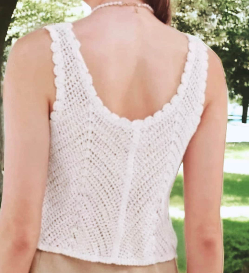 White Cotton Crochet Tank Top Hand Made Sleeveless Pattern Casual Summer Attire Beach Outfit Gift for Her Modern Look Buttoned Pull Over