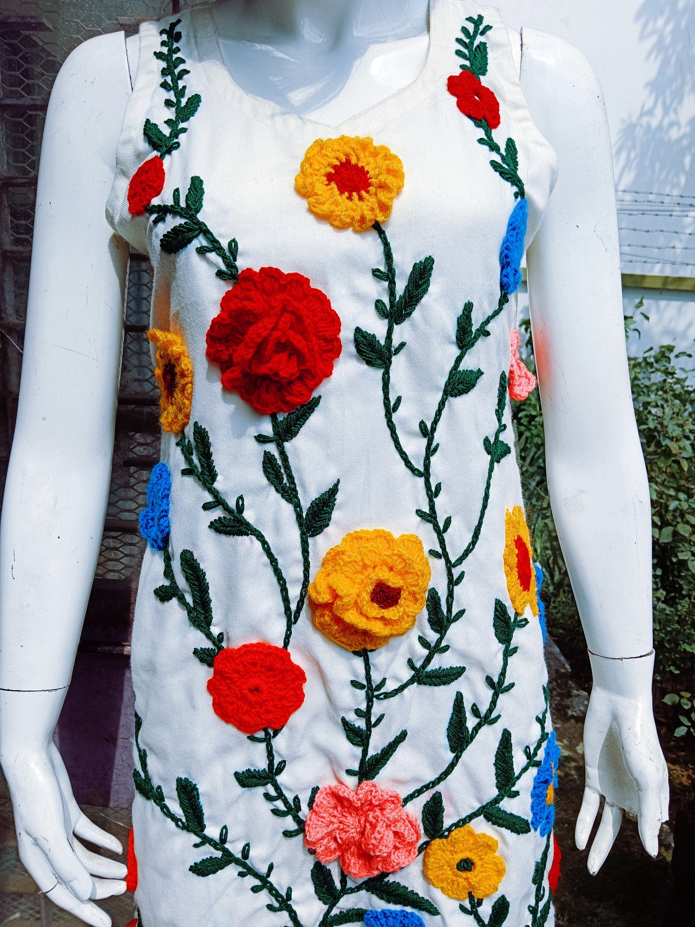 Pure White Pashmina Dress With Handmade Pure wool floral embroidery Vintage One and Only Pure Pashmina Woollen Dress Colourful Garden