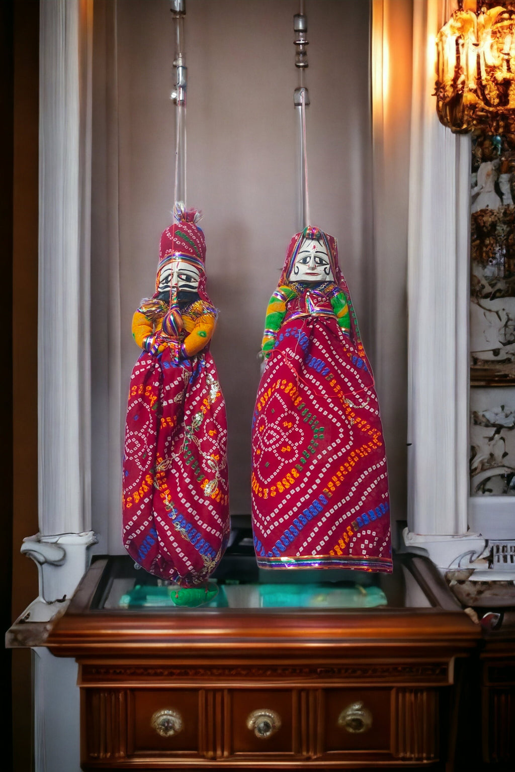 Rajasthani Wood Puppets Pair Male Puppet 30x6 inch , Female Puppet 27x6.5 inch Multicolour Indian Puppet Artistic Home Decoration Ethnic