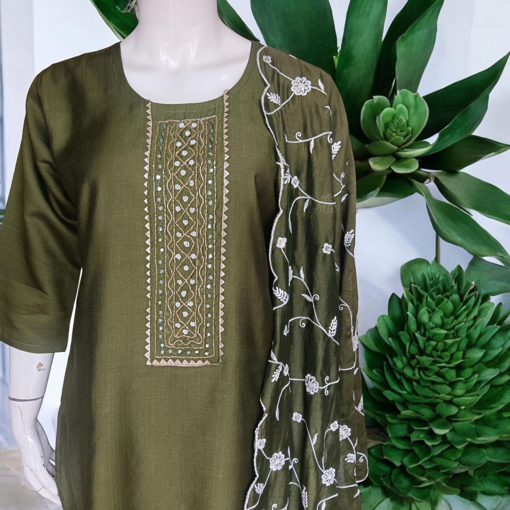 Set of 3  Olive Green Chanderi Silk Embroidered Kurta Pant With Fully Embroidered Duppata Sequins Work Indian Ethnic Wedding Wear Festive