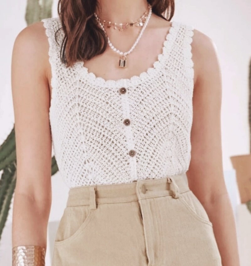 White Cotton Crochet Tank Top Hand Made Sleeveless Pattern Casual Summer Attire Beach Outfit Gift for Her Modern Look Buttoned Pull Over