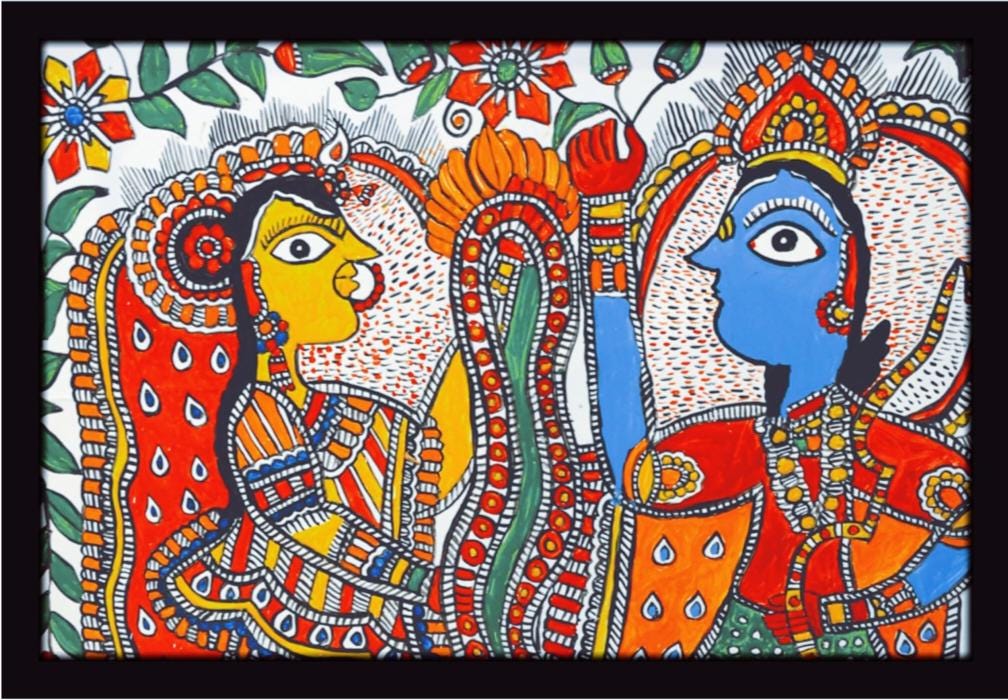 Mithila Madhubani Handpainted Wall Painting Wall Decor Featuring Ram Darbar Design With Brown Wooden Frame Canvas Painting Beautiful Paint