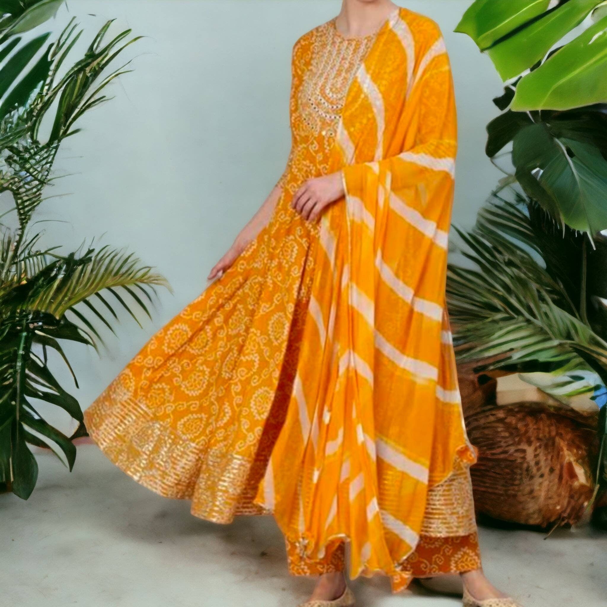 Yellow Orange Premium Printed Designer Anarkali Embroidered Woman Rayon Bandhej Kurta Pant And Beautiful Leheriya Dupatta Set
