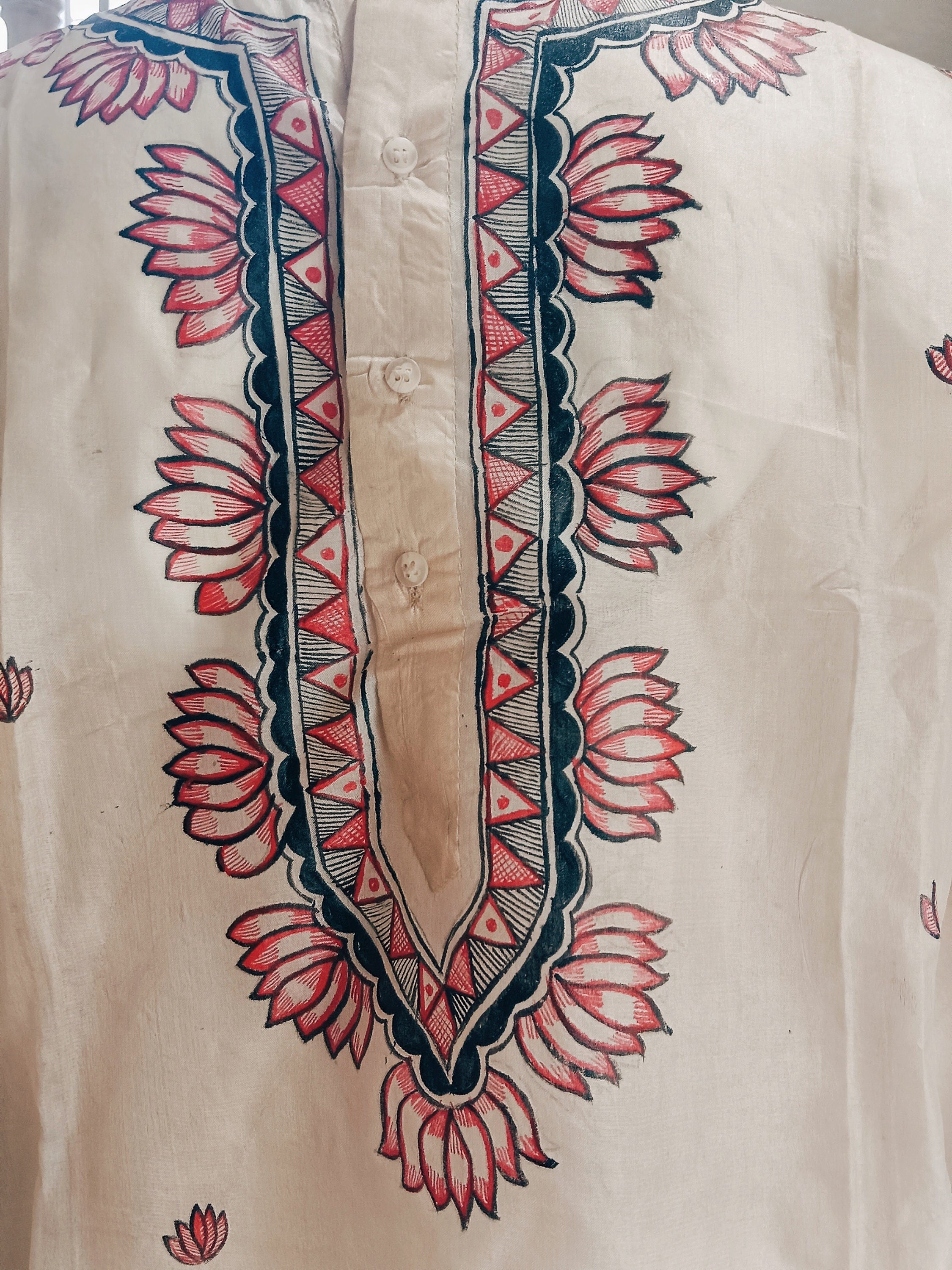 Beige Pure Silk Hand Painted Madhubani Kurta Lotus Flower Design Pattern Wedding Edition Indian Anniversary Floral Aesthetic Vintage Ethnic