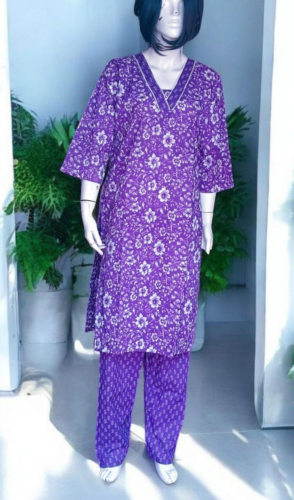 Set of 3 Pure Cotton Purple/Violet White Kurta Pant and Dupatta Floral Print Lace Work Indian Traditional Ethnic Casual Wear Easy to Breath