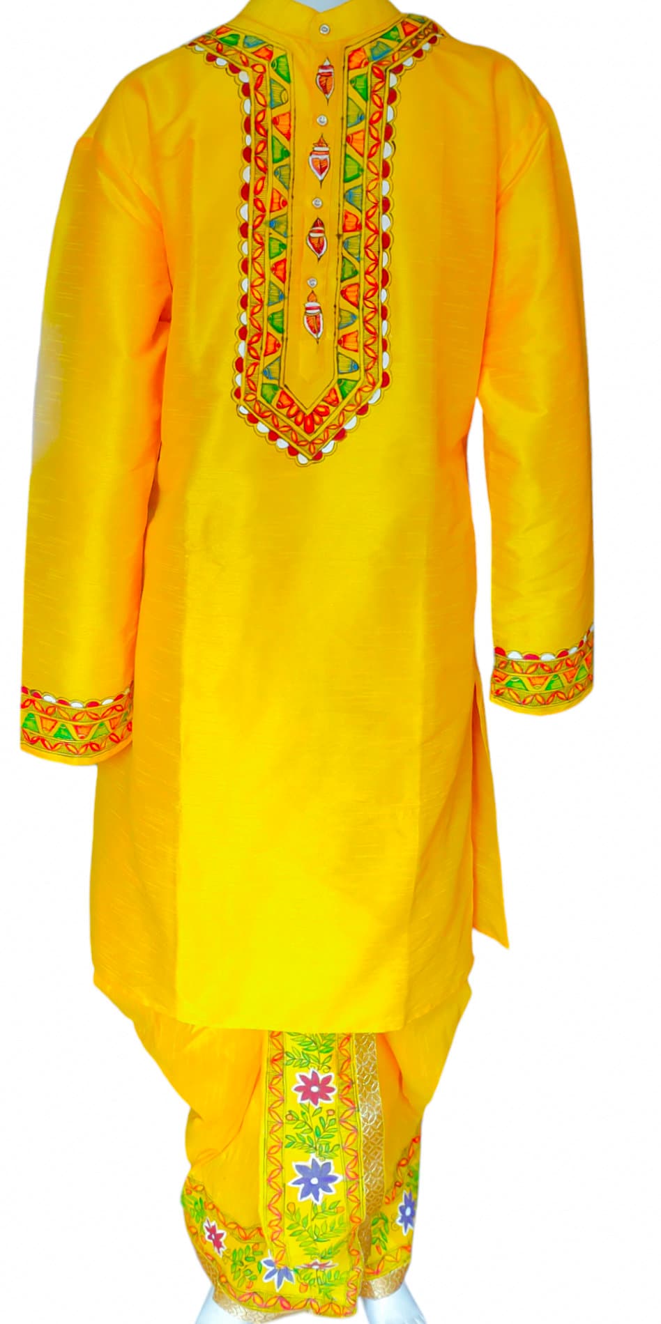 Yellow Silk Handmade Madhubani Mithila Painted Traditional Dhoti Kurta For Men Bohemian Look Stitched Elastic Dhoti Stitched Kurta Wedding