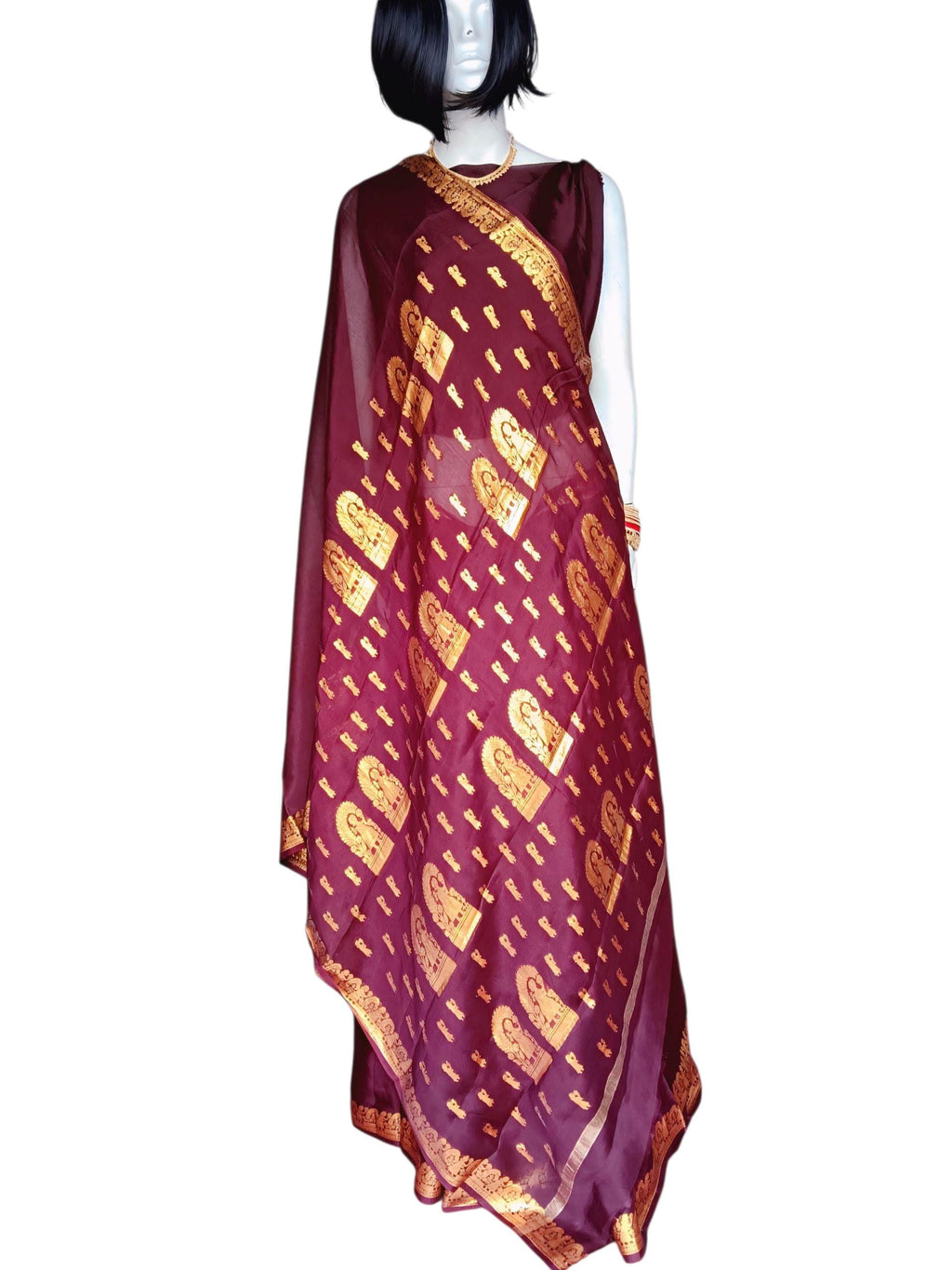 Brown Golden 100% Pure Crepe Silk With Brown Crepe Silk Unstitched Blouse  Golden Embroidered Border Lightweight Bollywood Soft Brown Saree