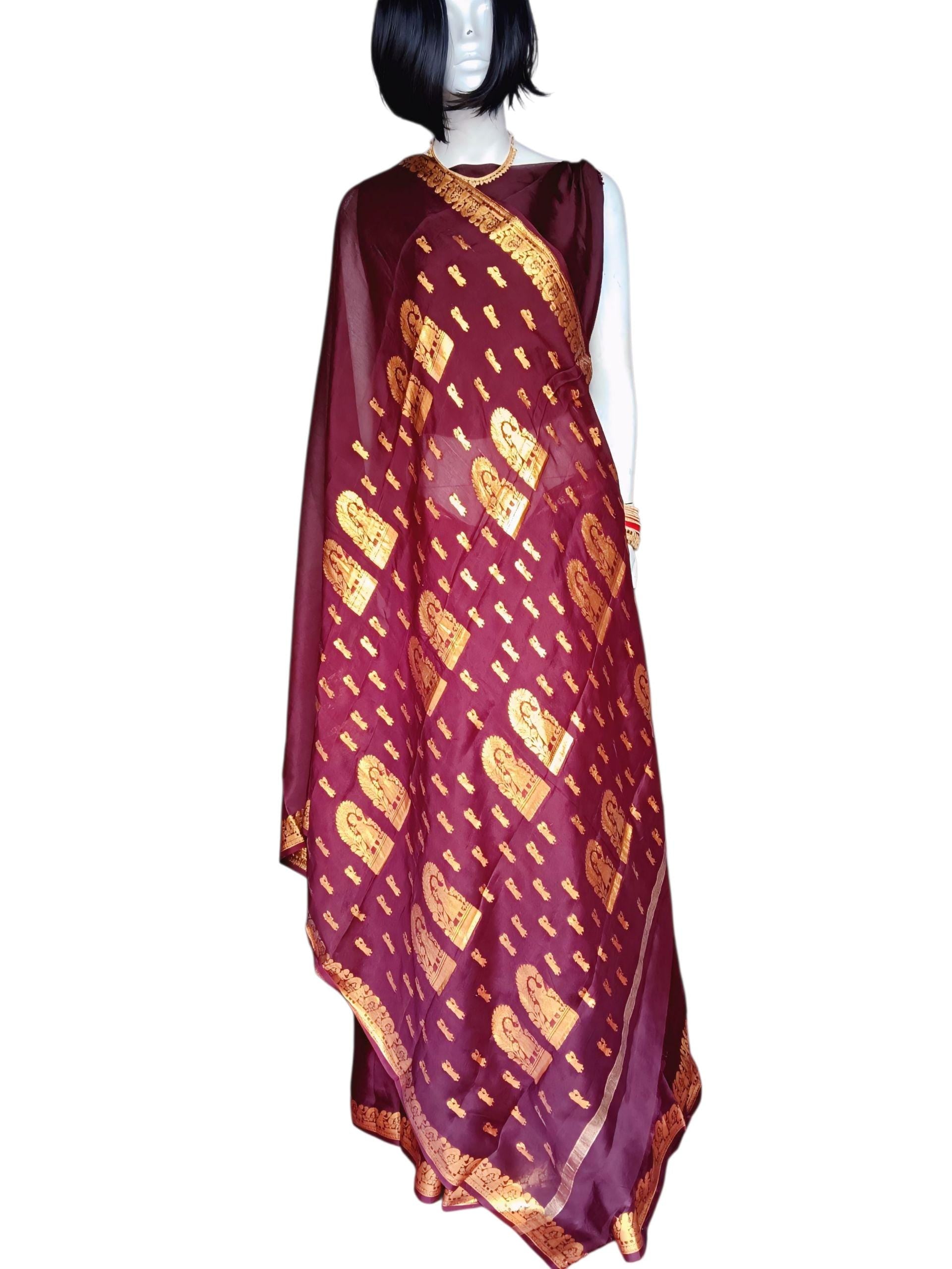 Brown Golden 100% Pure Crepe Silk With Brown Crepe Silk Unstitched Blouse  Golden Embroidered Border Lightweight Bollywood Soft Brown Saree