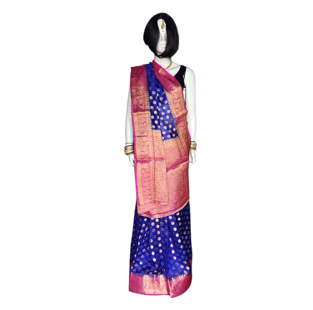 Royal Blue And Pink Banarasi Silk Saree with Unstitched Silk Blouse Handwoven Zari Wedding Saree Indian Traditional Outfit Elegant Gift